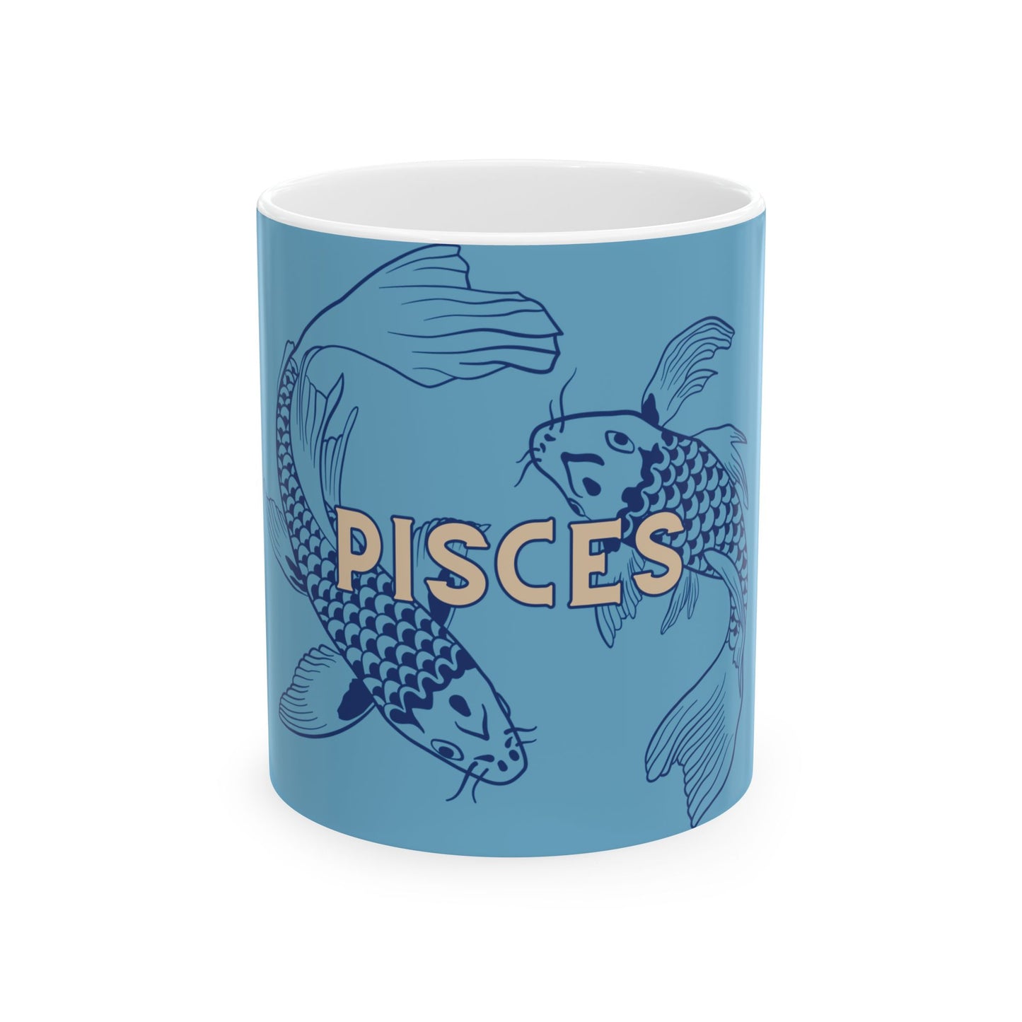 Blue mug with Pisces design featuring two fish and the word 'Pisces' on a white background