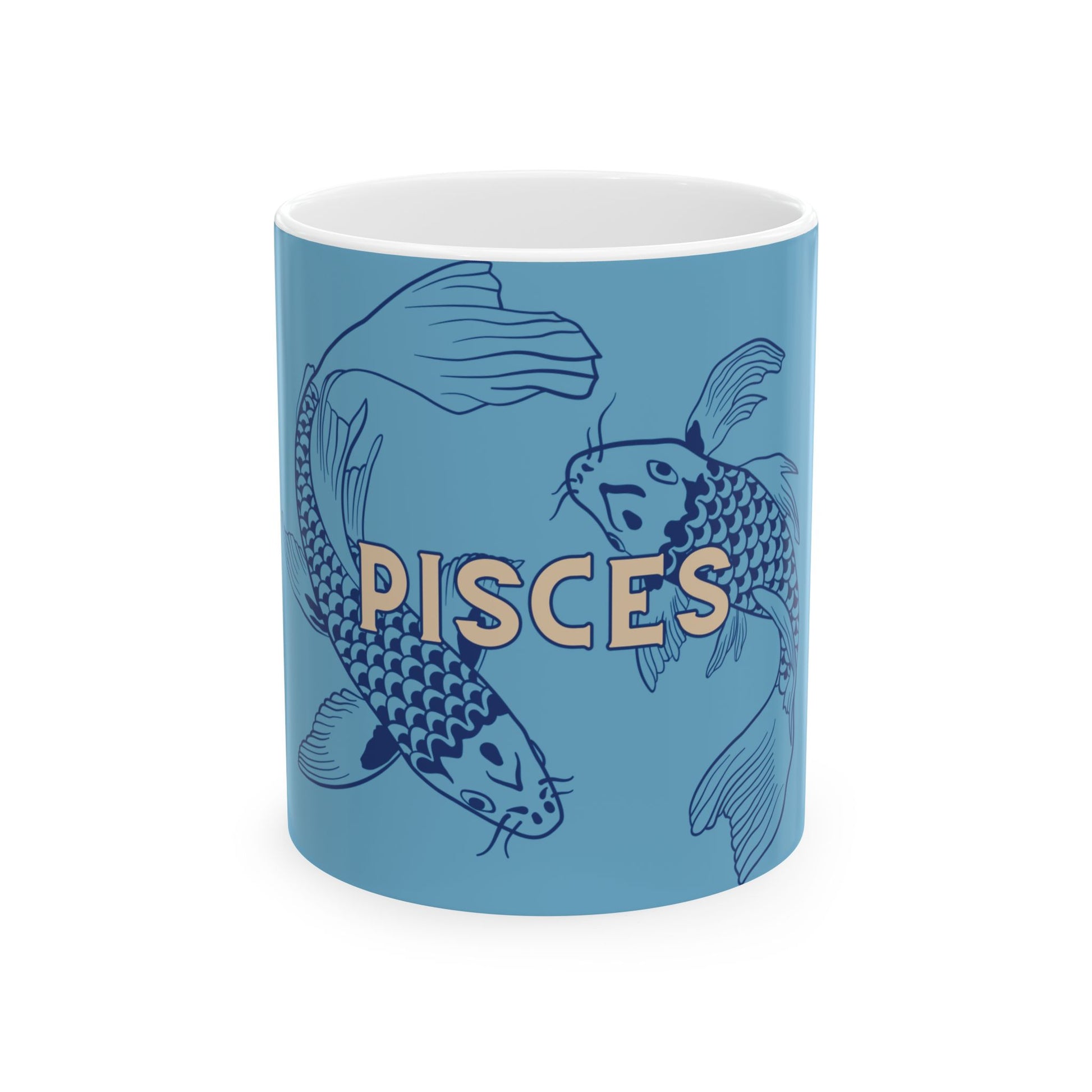 Blue mug with Pisces design featuring two fish and the word 'Pisces' on a white background