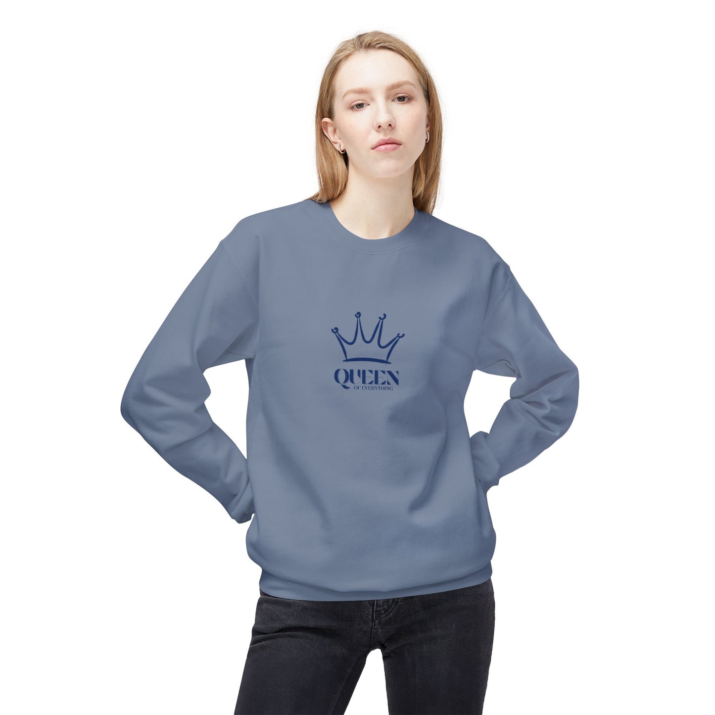 Person wearing a blue sweatshirt with a crown and 'QUEEN' text on a white background