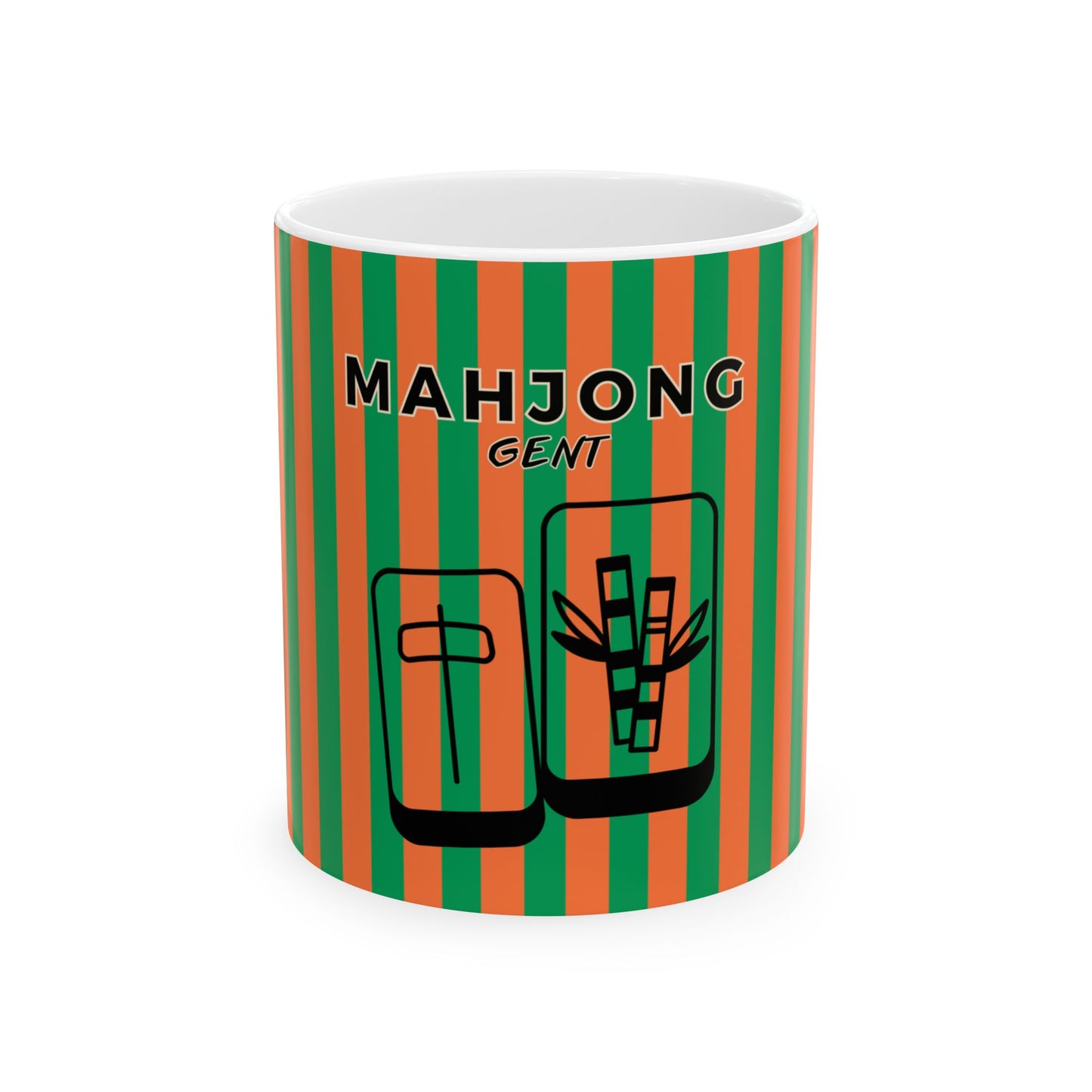 Mug with green and orange striped pattern and 'MAHJONG GENT' text on a white background