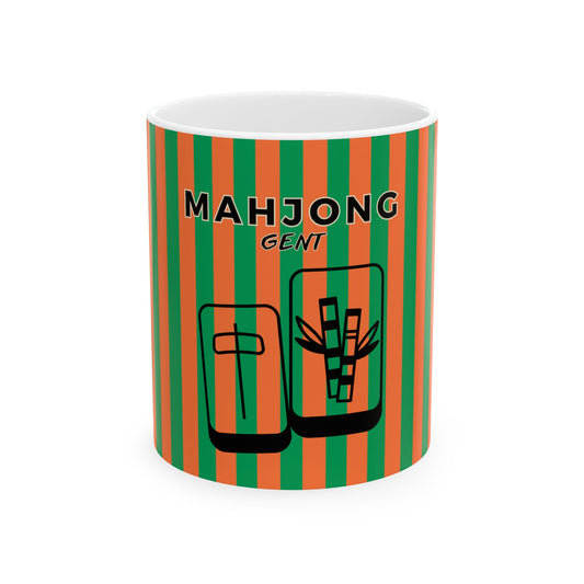 Mug with green and orange striped pattern and 'MAHJONG GENT' text on a white background