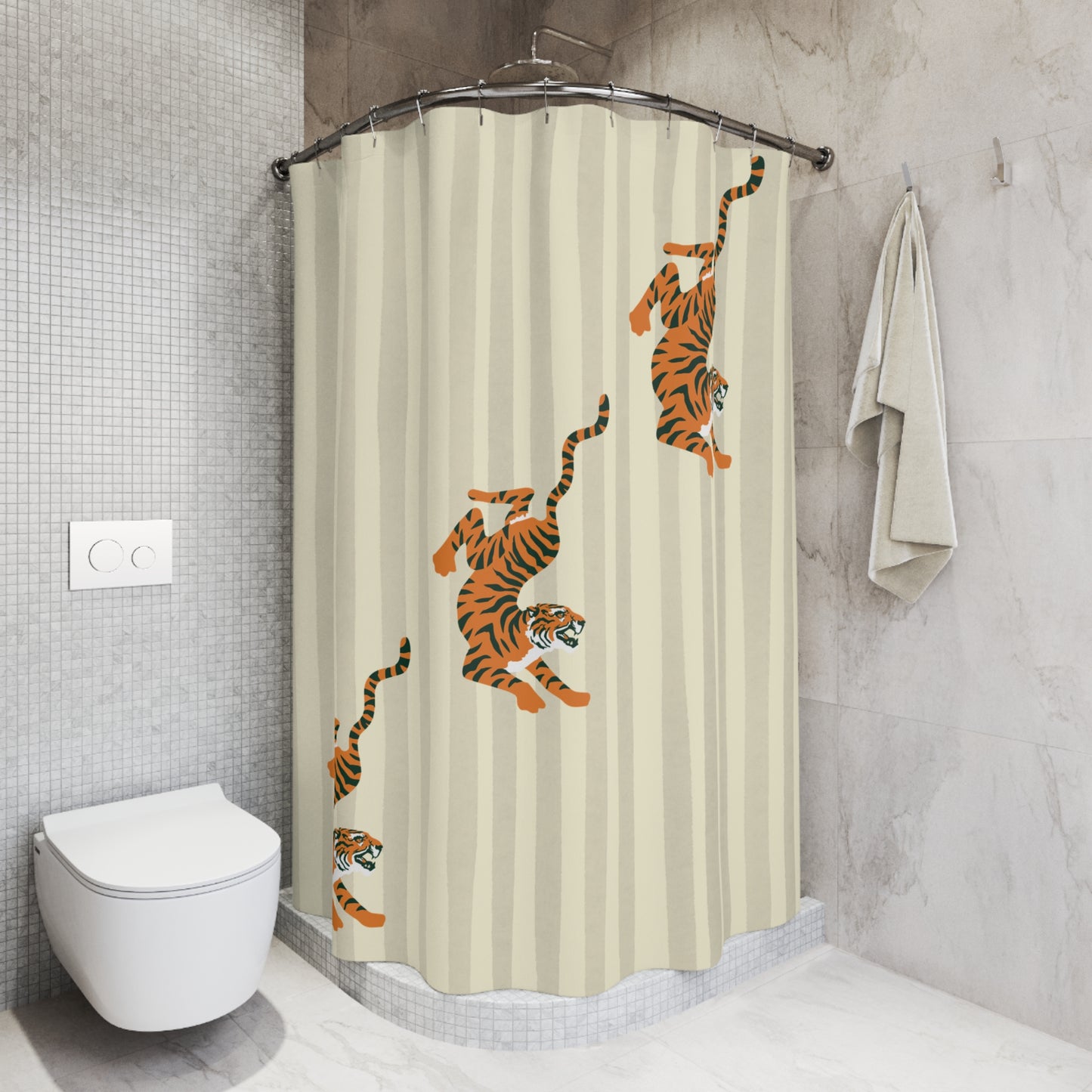 Beige Striped Tiger  Shower Curtain — Fiercely Feminine Bathroom Decor