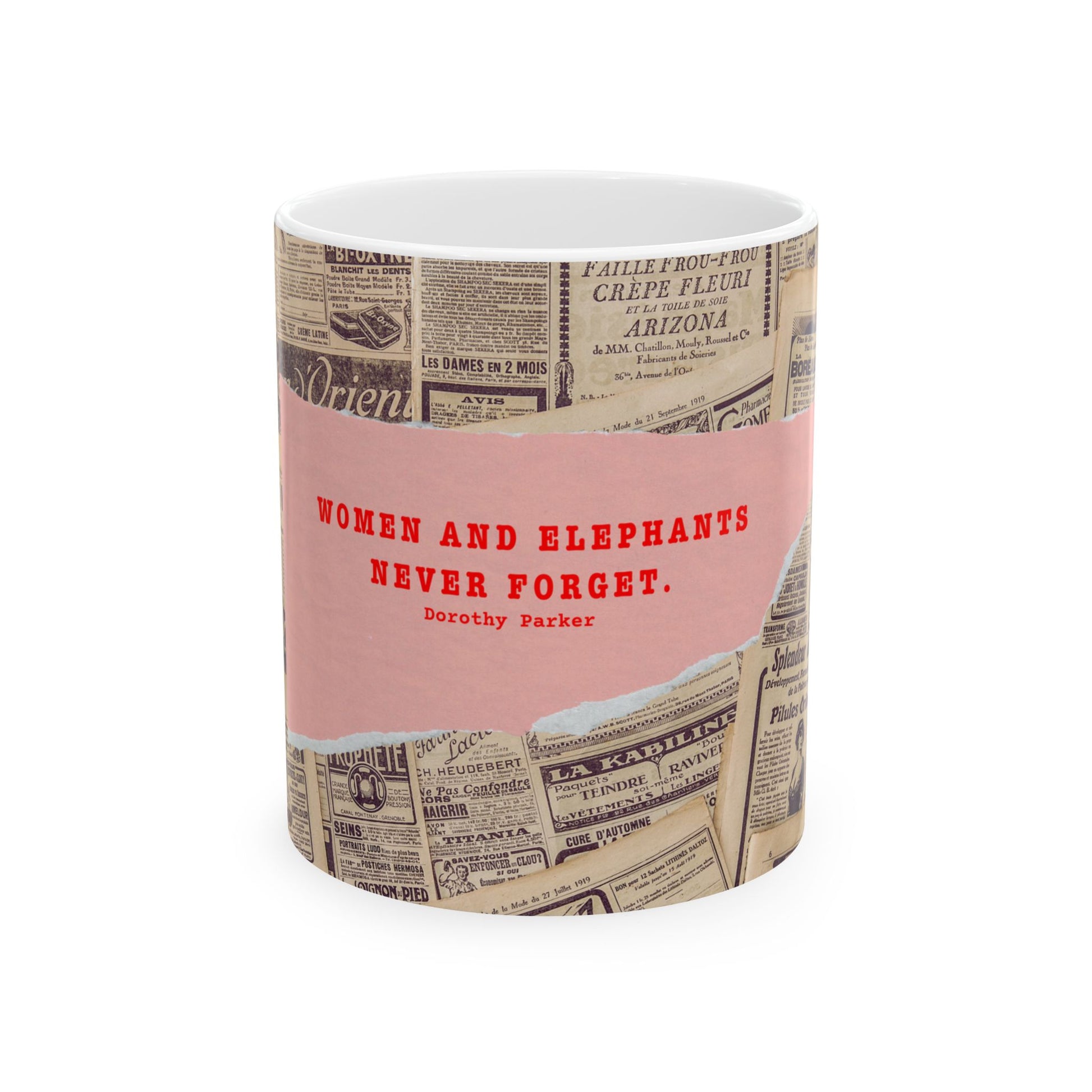 Mug with newspaper design and red Dorothy Parker quote on a white background