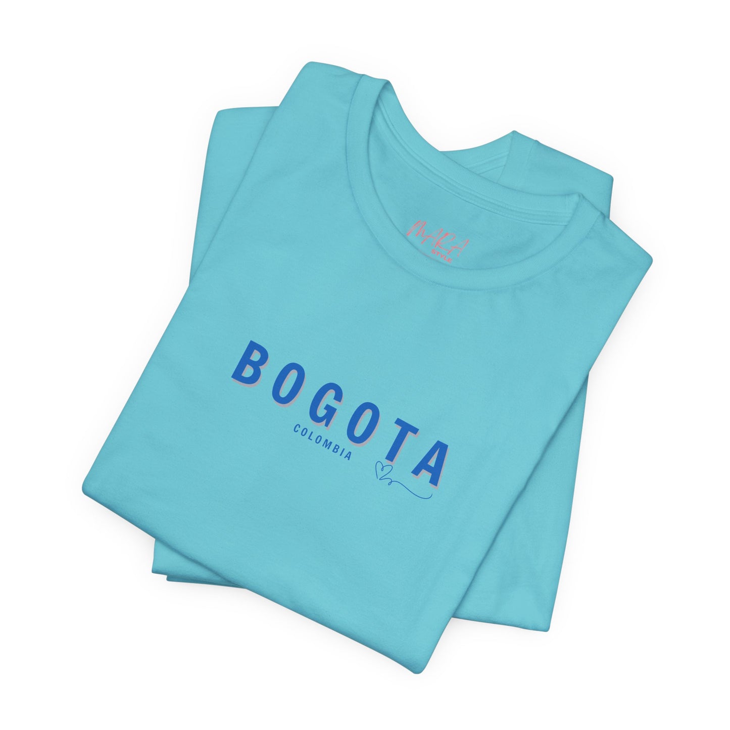 An Aqua Bogota unisex t-shirt with the word 'BOGOTA' written in blue letters across the front.