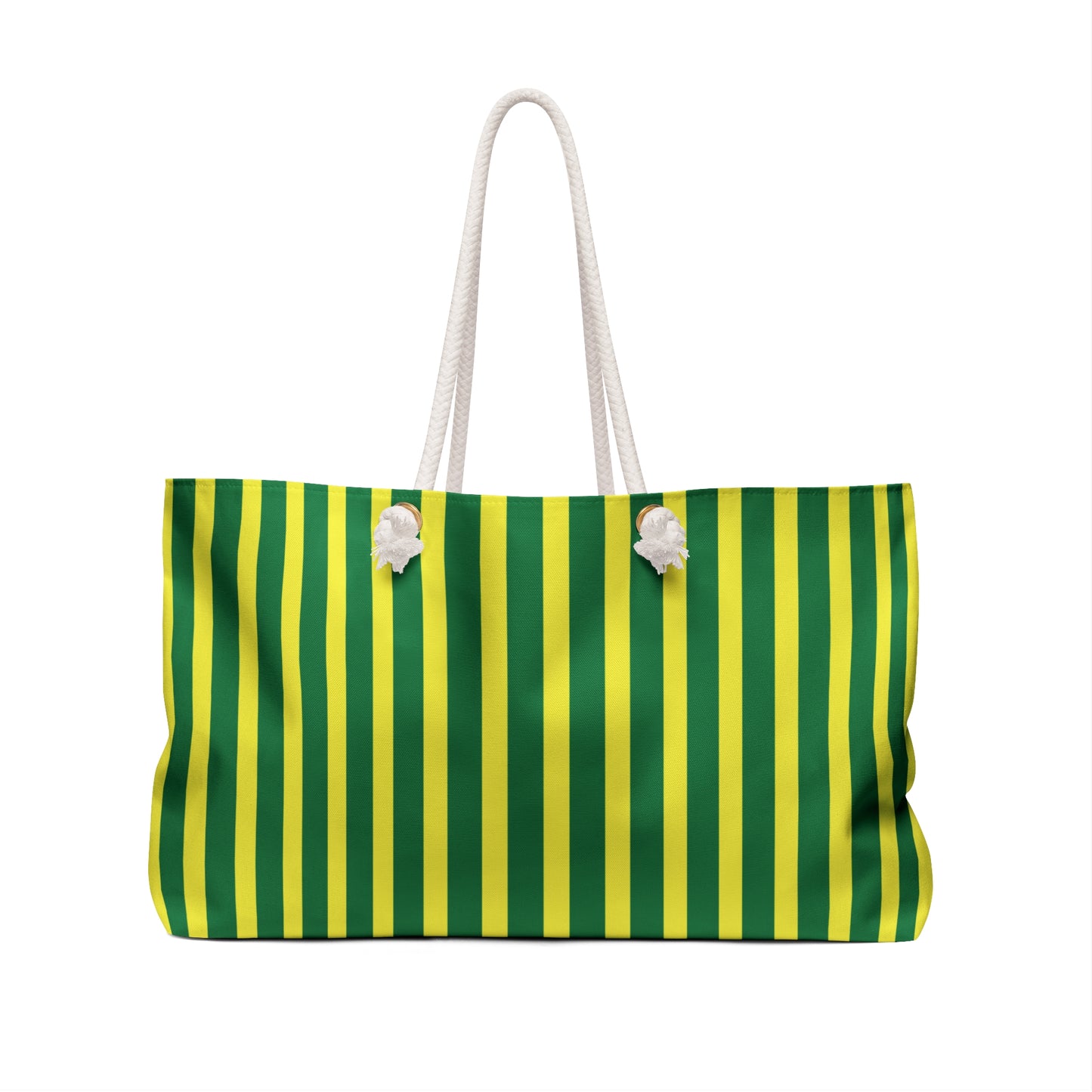 A tote bag with vertical green and yellow stripes and white rope handles, shown against a plain white background.