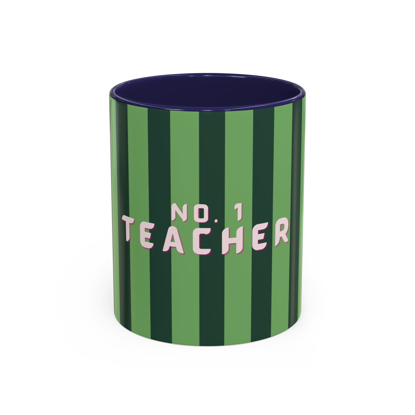 Green striped mug with 'No. 1 Teacher' text on a white background