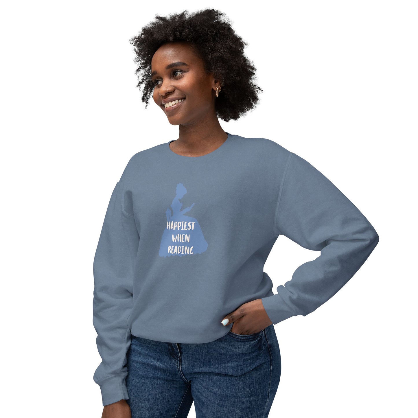 Woman wearing a blue sweatshirt with 'Happiest when Reading" text on a white background
