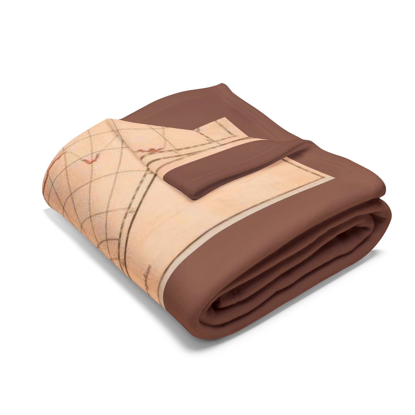 Folded brown blanket with map design on a white background