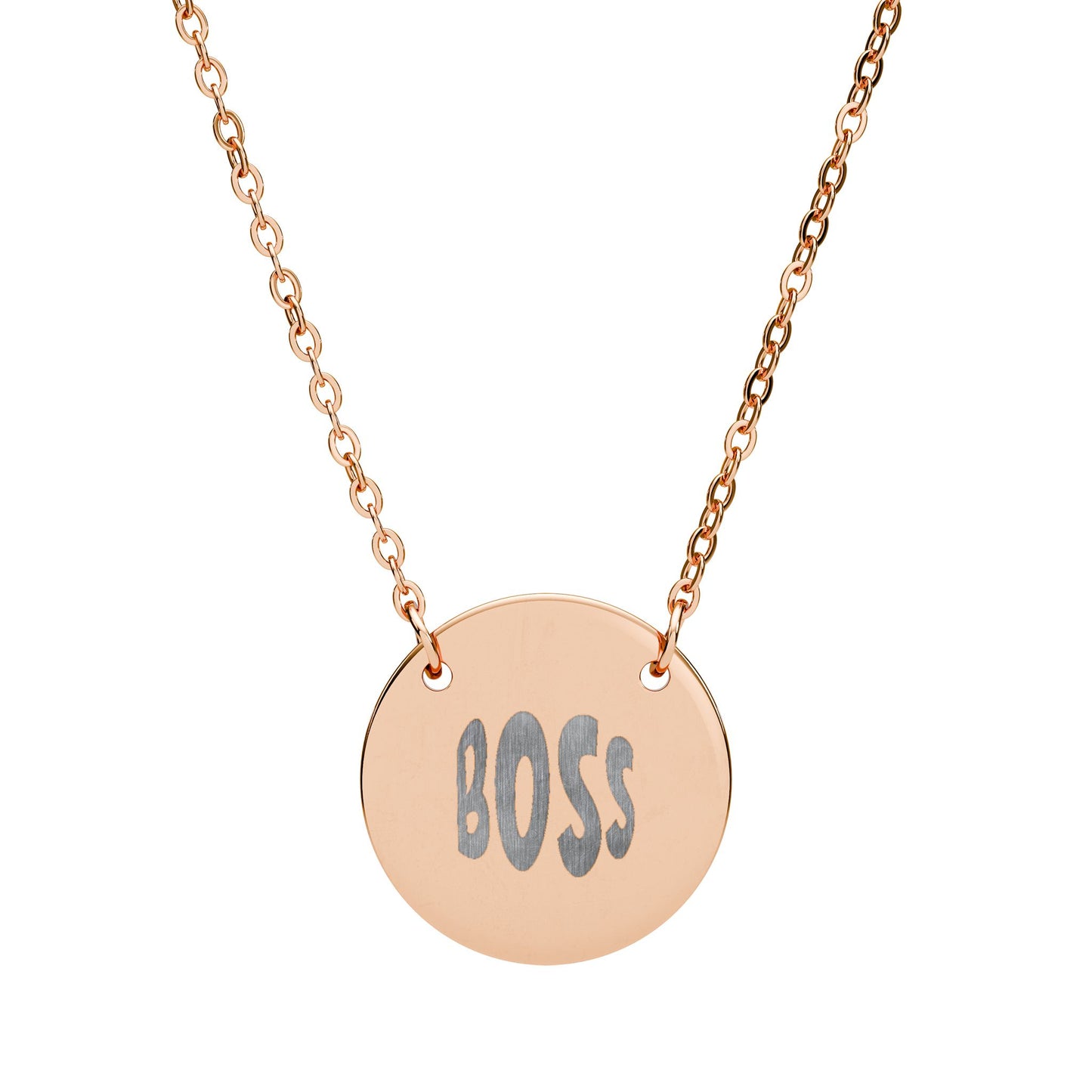 Rose gold necklace with a round pendant engraved with 'BOSS' on a white background