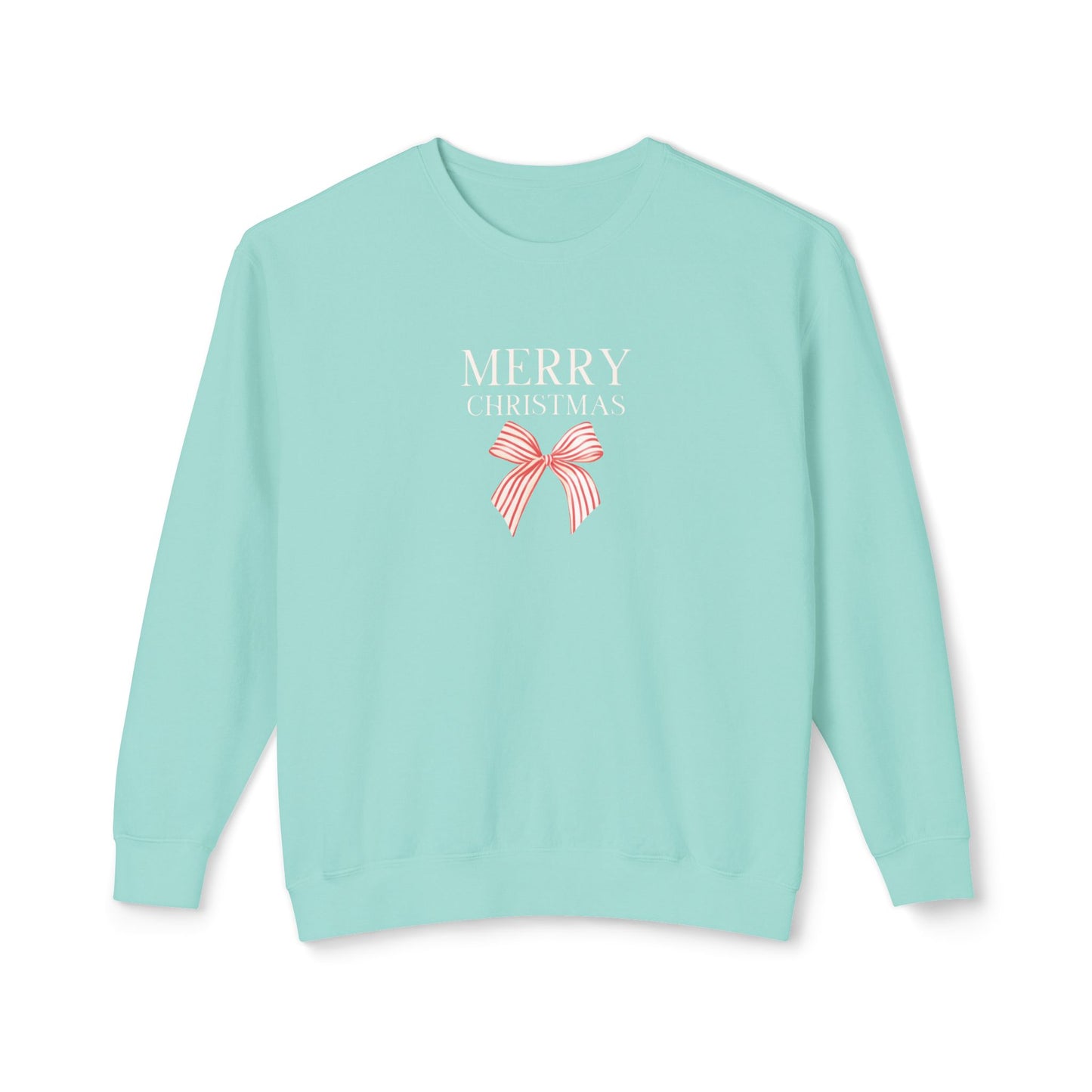 A mint green crewneck sweatshirt featuring a 'MERRY CHRISTMAS' graphic with a red and white striped bow on the chest, displayed against a plain white background.