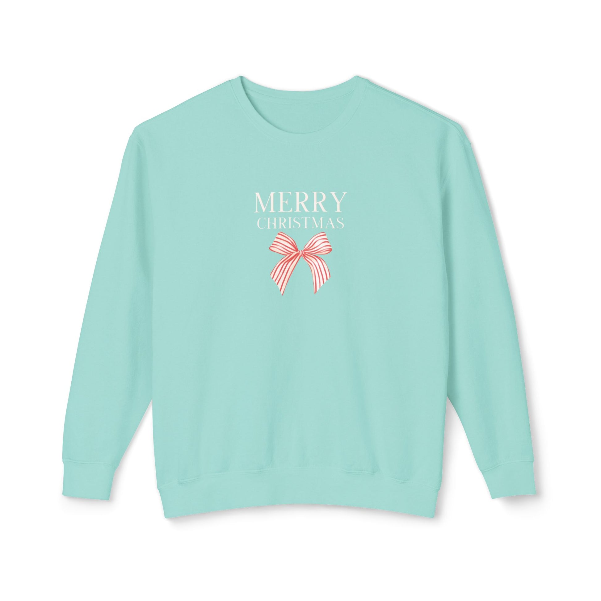 A mint green crewneck sweatshirt featuring a 'MERRY CHRISTMAS' graphic with a red and white striped bow on the chest, displayed against a plain white background.