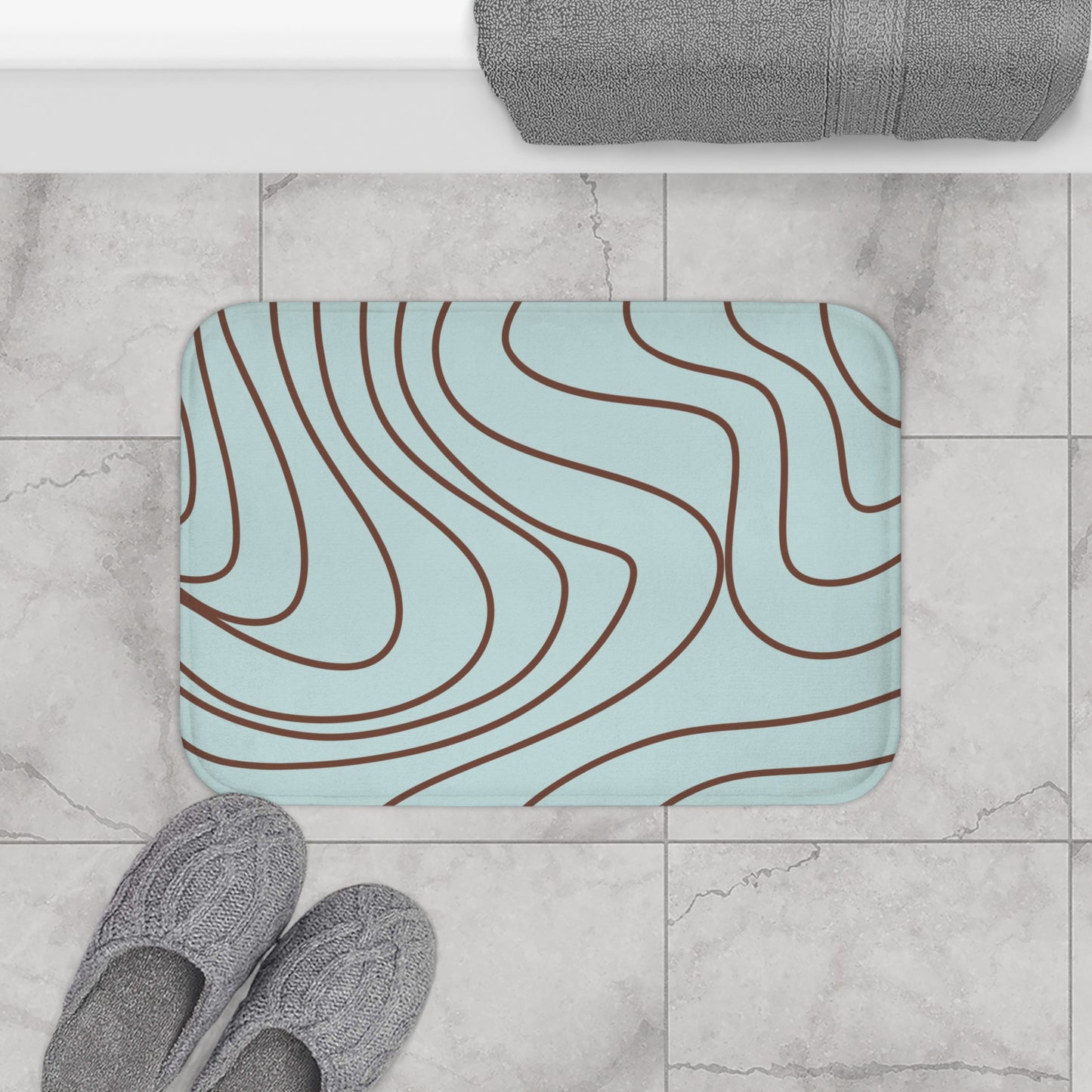 Abstract Wave Bath Mat – Light Aqua Blue with Brown Line Art