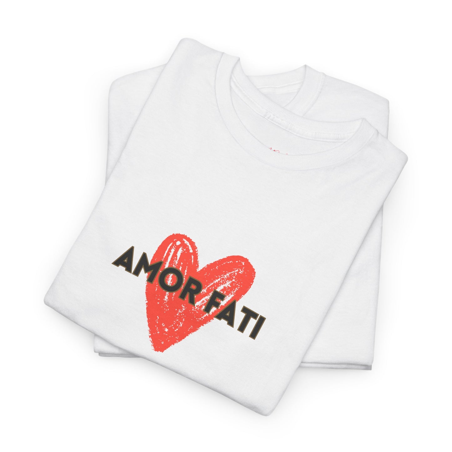 White t-shirt with red heart and black text on a white background