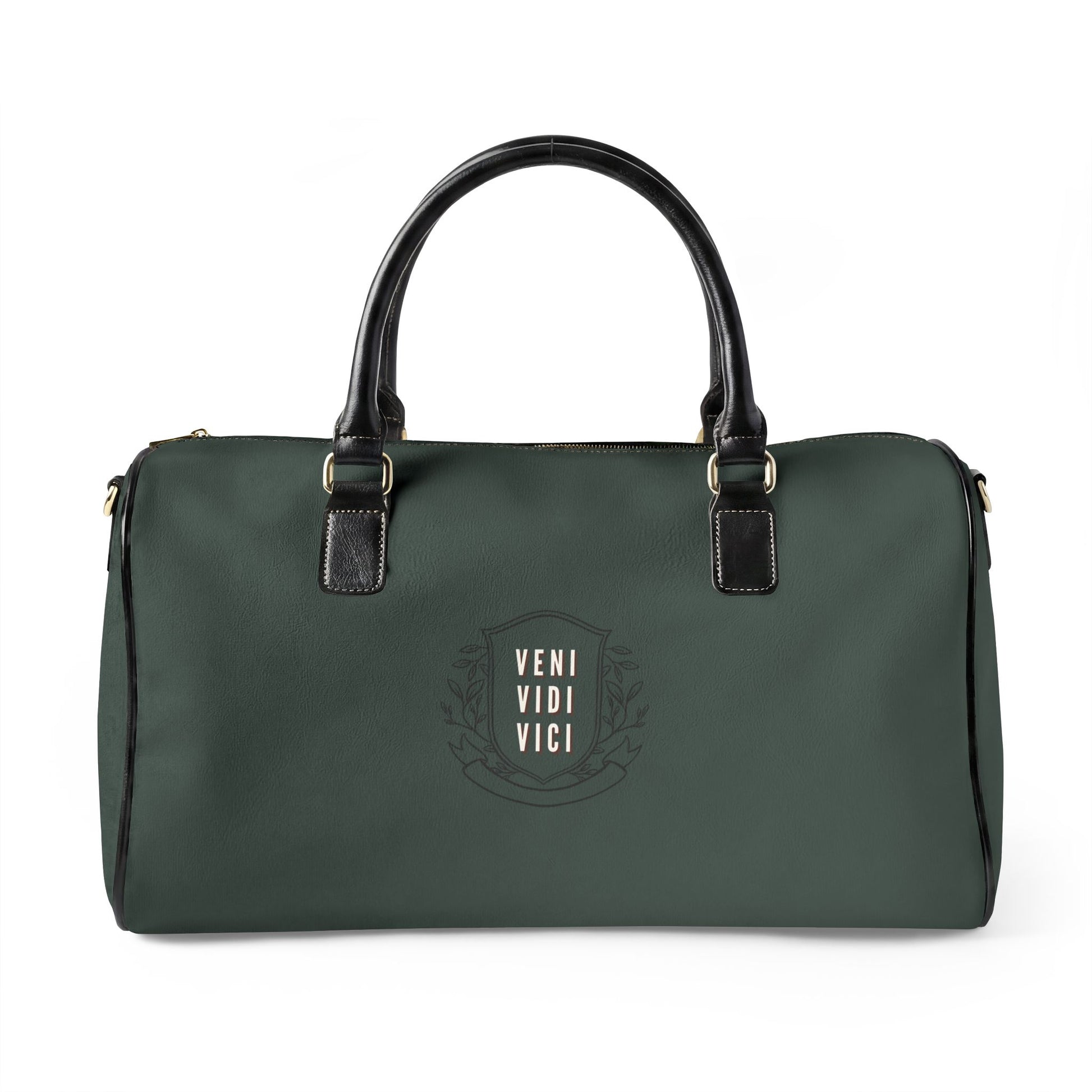 Green duffel bag with 'Veni Vidi Vici' logo on a white background