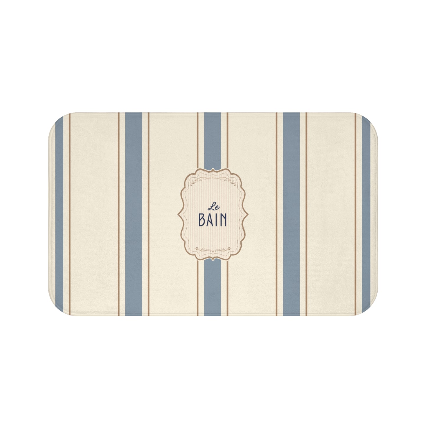 Striped bath mat with 'Le Bain' text on a white background