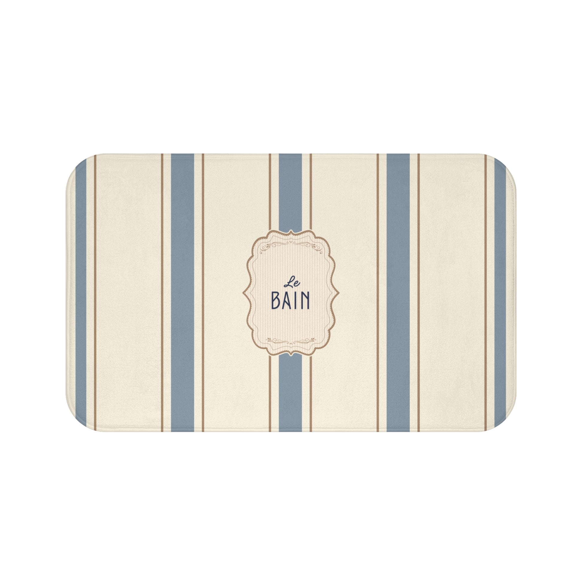 Striped bath mat with 'Le Bain' text on a white background