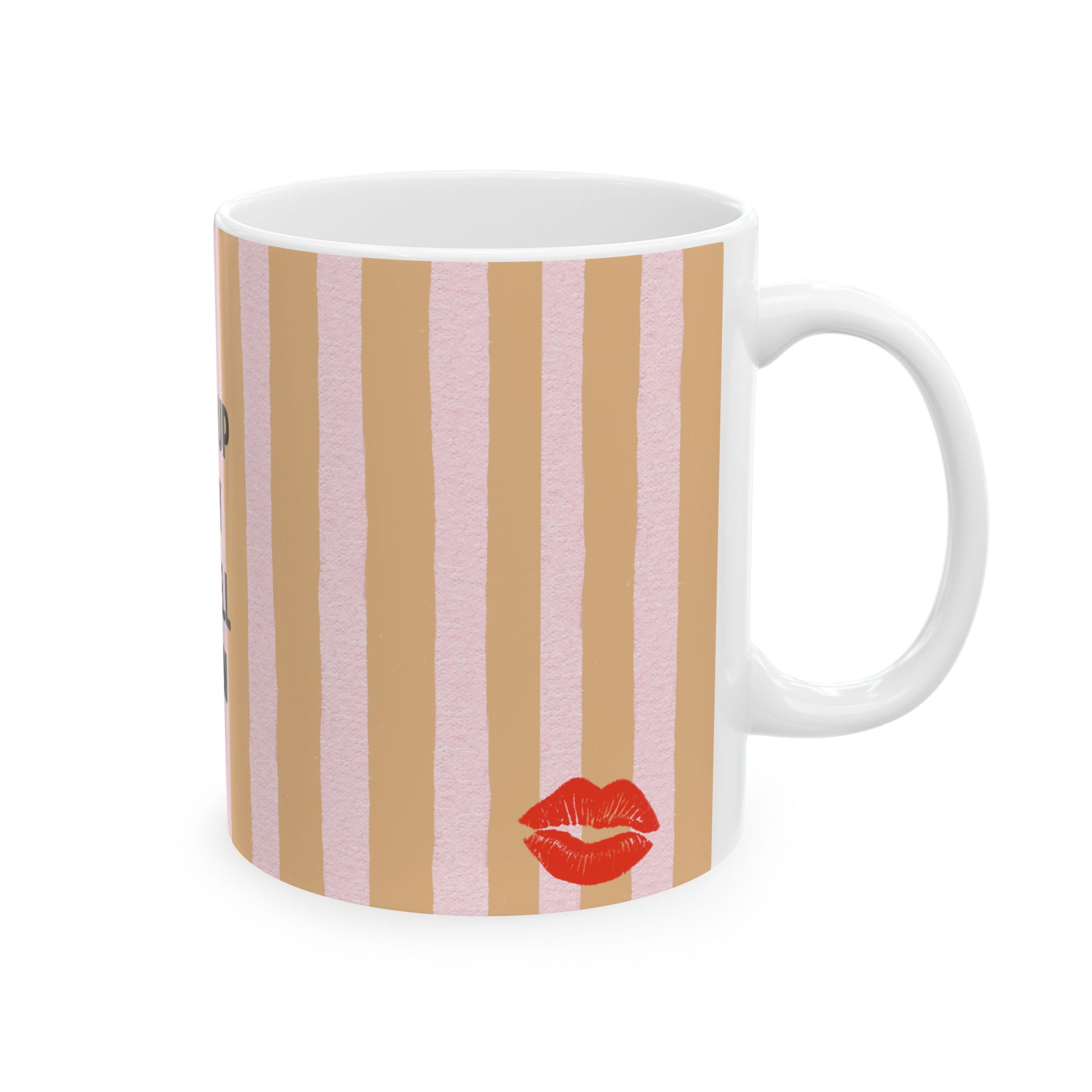 Mug with striped pattern and red lip design on a white background