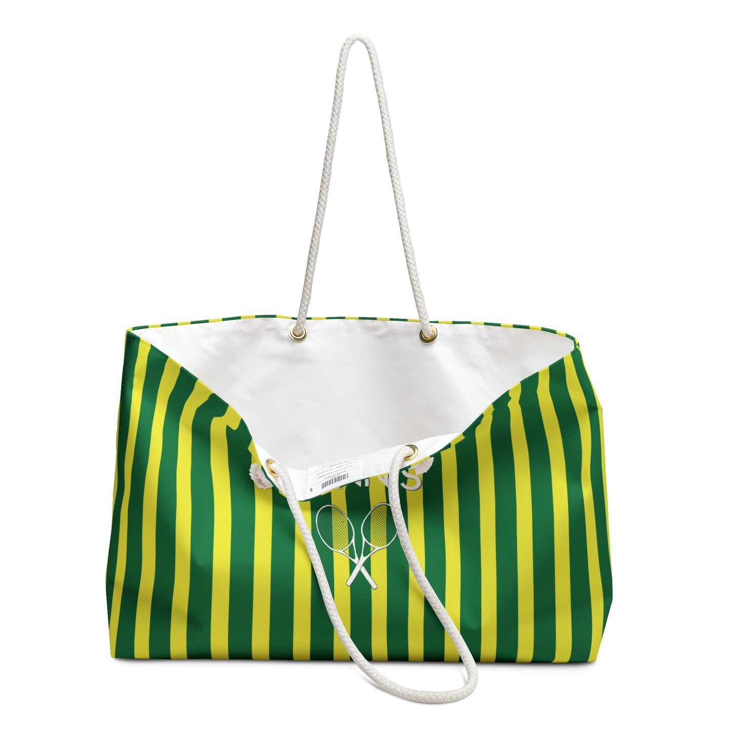 A tote bag with vertical green and yellow stripes on the exterior, a white interior lining, and white rope handles, shown on a plain white background.