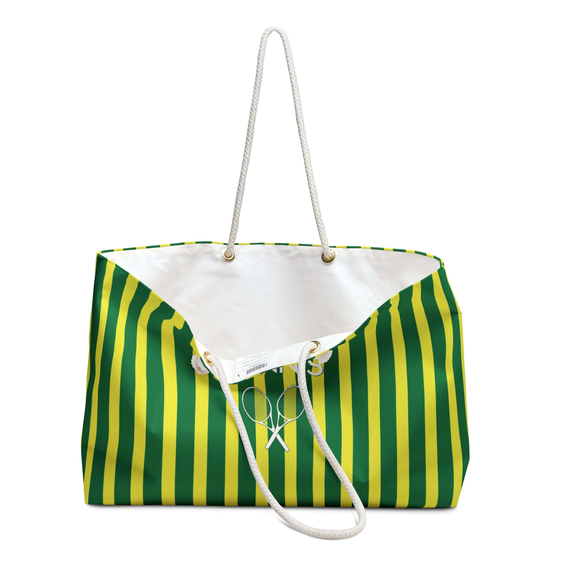 A tote bag with vertical green and yellow stripes on the exterior, a white interior lining, and white rope handles, shown on a plain white background.