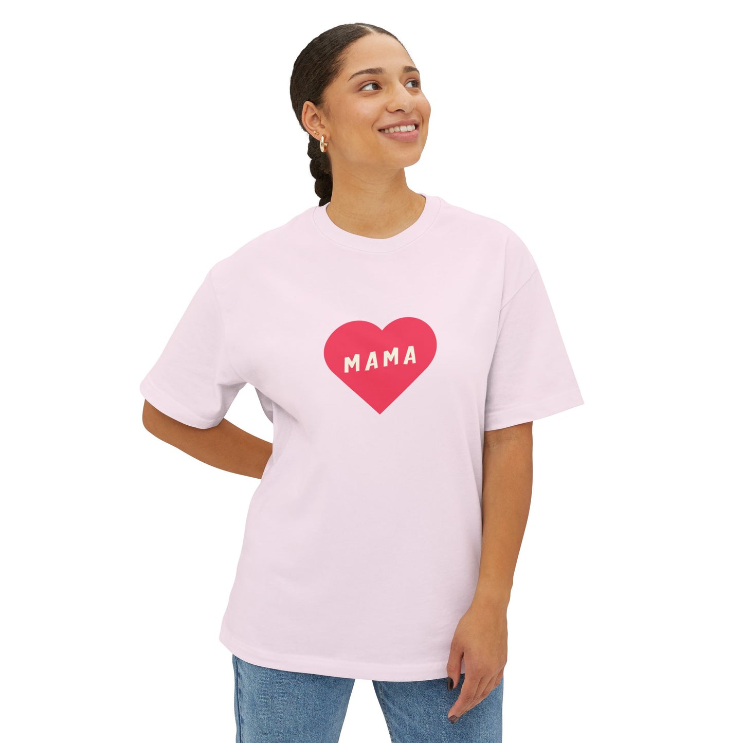 Woman wearing a pink t-shirt with a red heart and 'MAMA' text on a white background