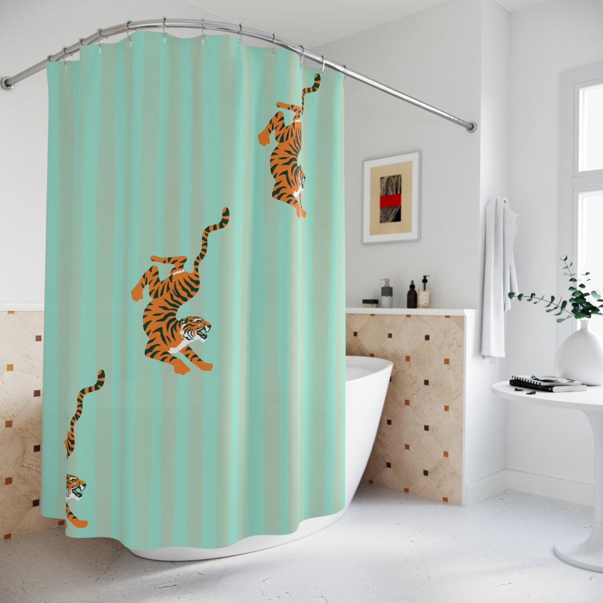 Pastel Turquoise Striped Tiger Shower Curtain — Fiercely Feminine Bathroom Decor