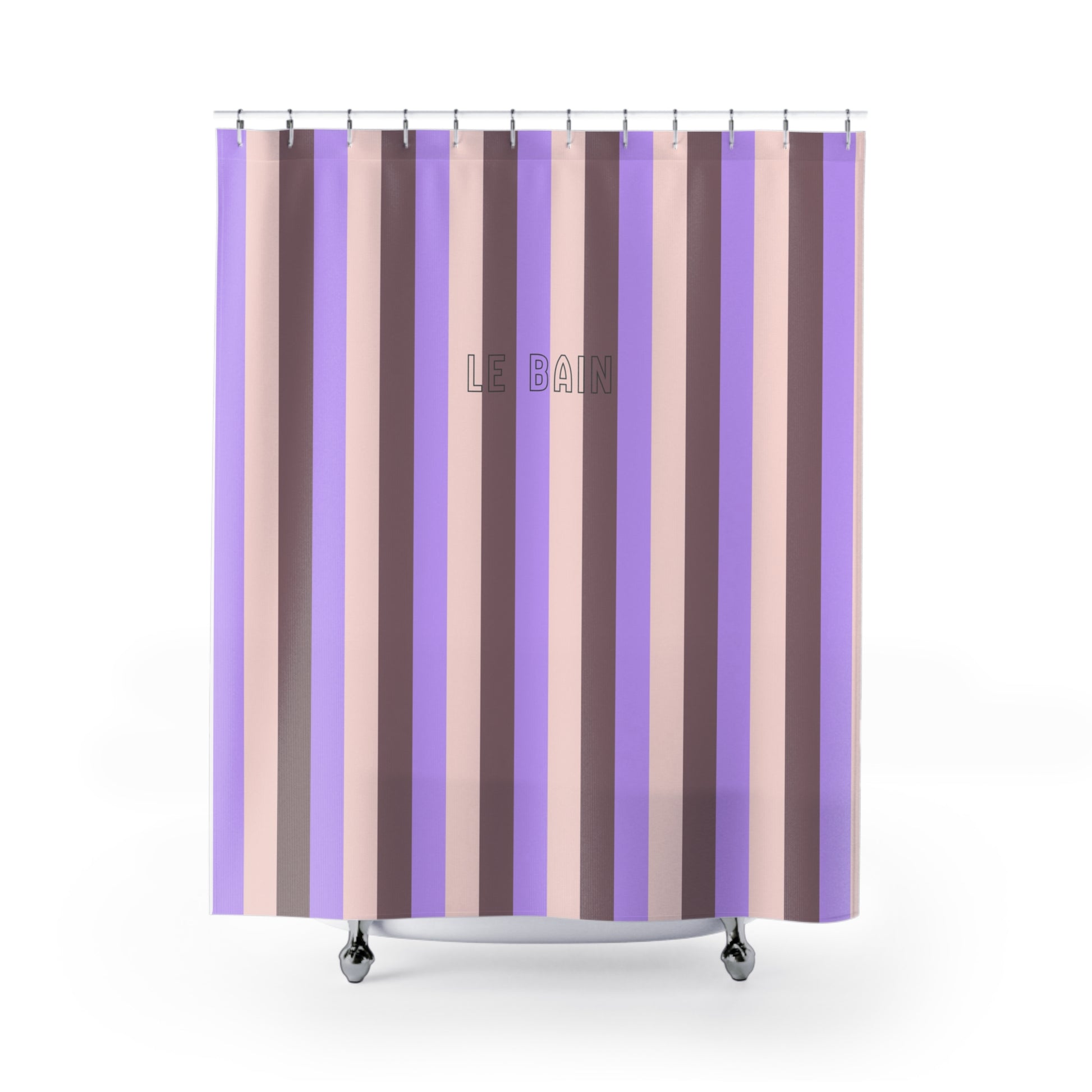 Striped shower curtain with purple and beige pattern on a white background
