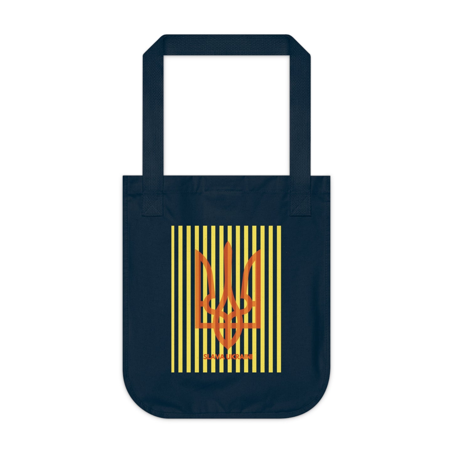 Navy blue Ukrainian Trident tote bag with yellow and orange design on a white background