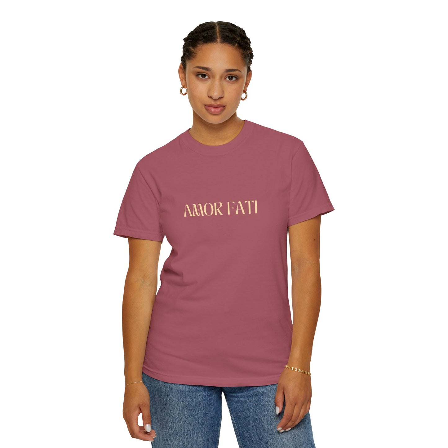 Person wearing a maroon t-shirt with 'AMOR FATI' text on a white background