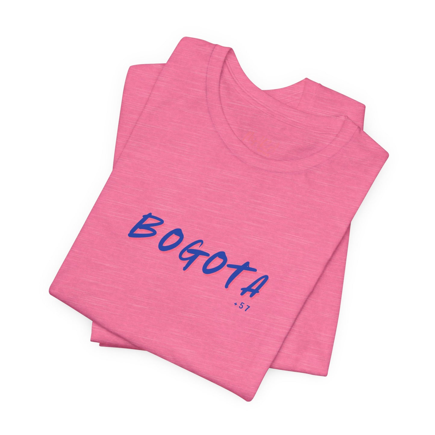 Pink t-shirt with 'BOGOTA' printed in blue on a white background