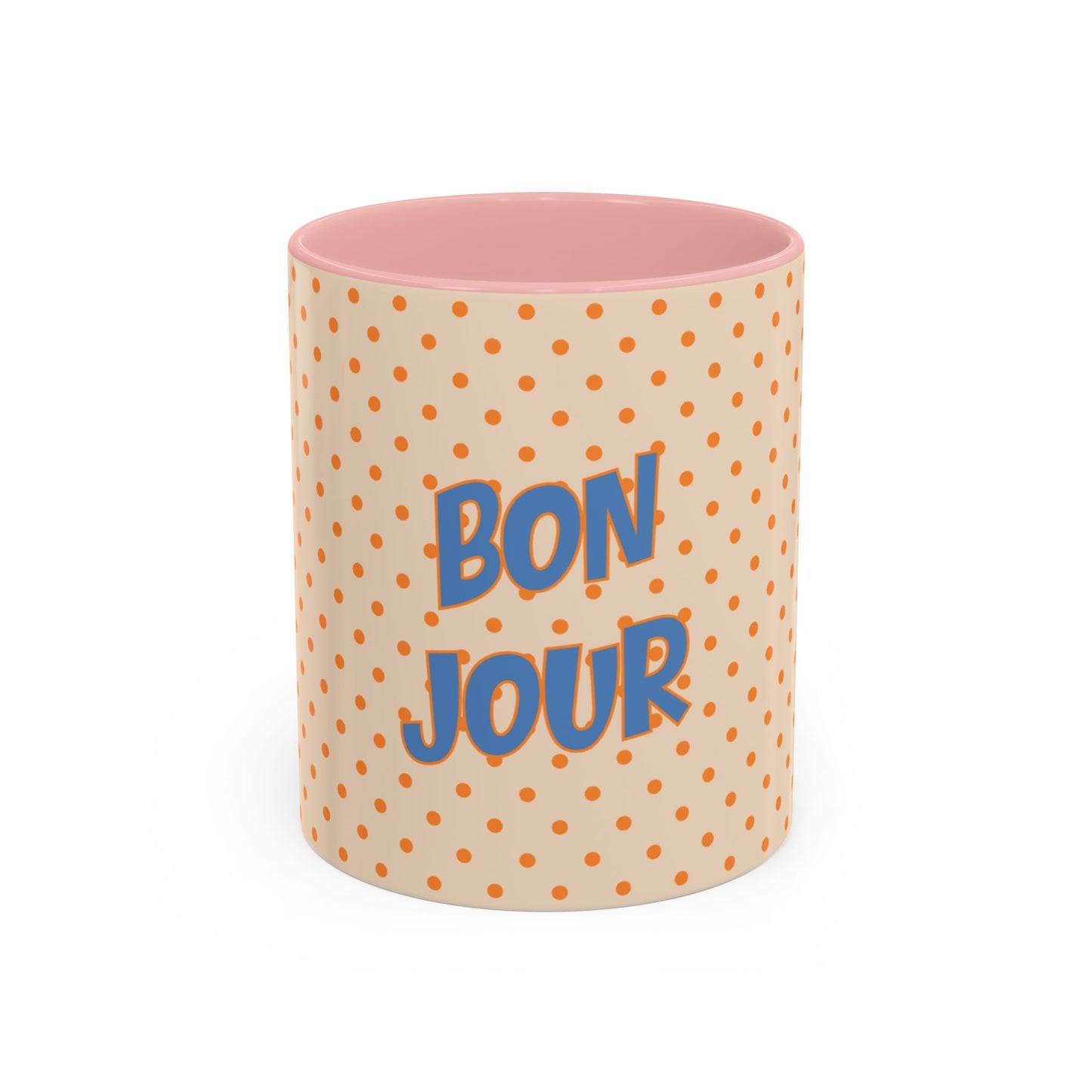 Cylindrical container with polka dot pattern and 'Bonjour' text on a white background