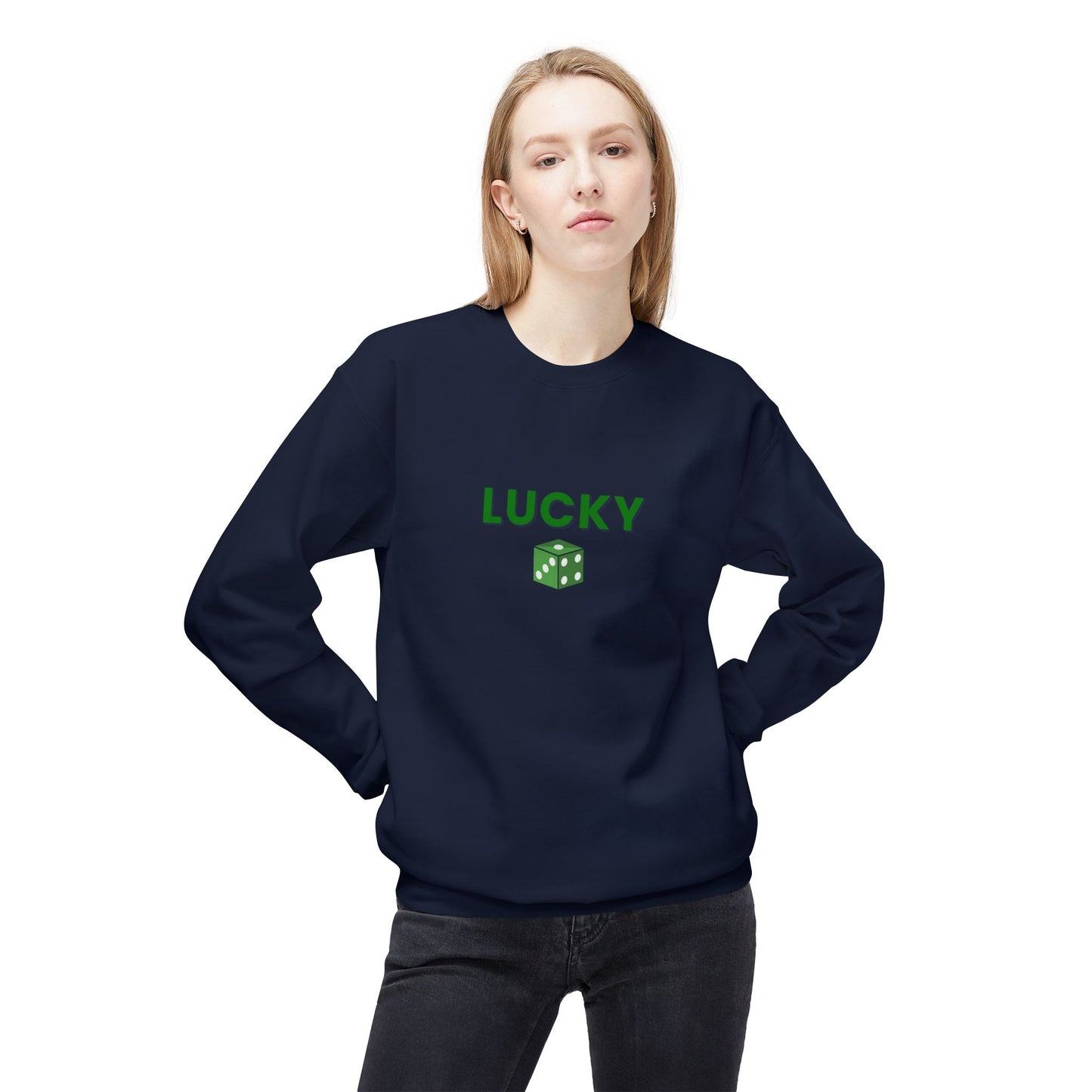 Person wearing a navy blue sweatshirt with 'LUCKY' and a dice graphic on a white background