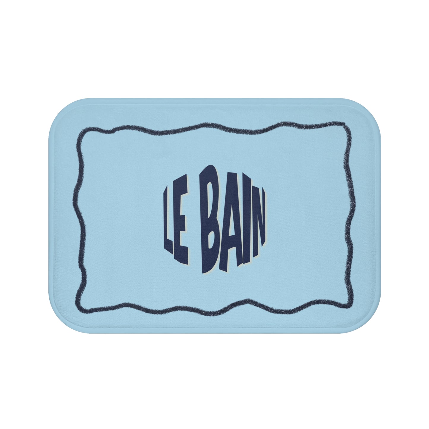 Light blue bath mat with 'LE BAIN' text on a white background