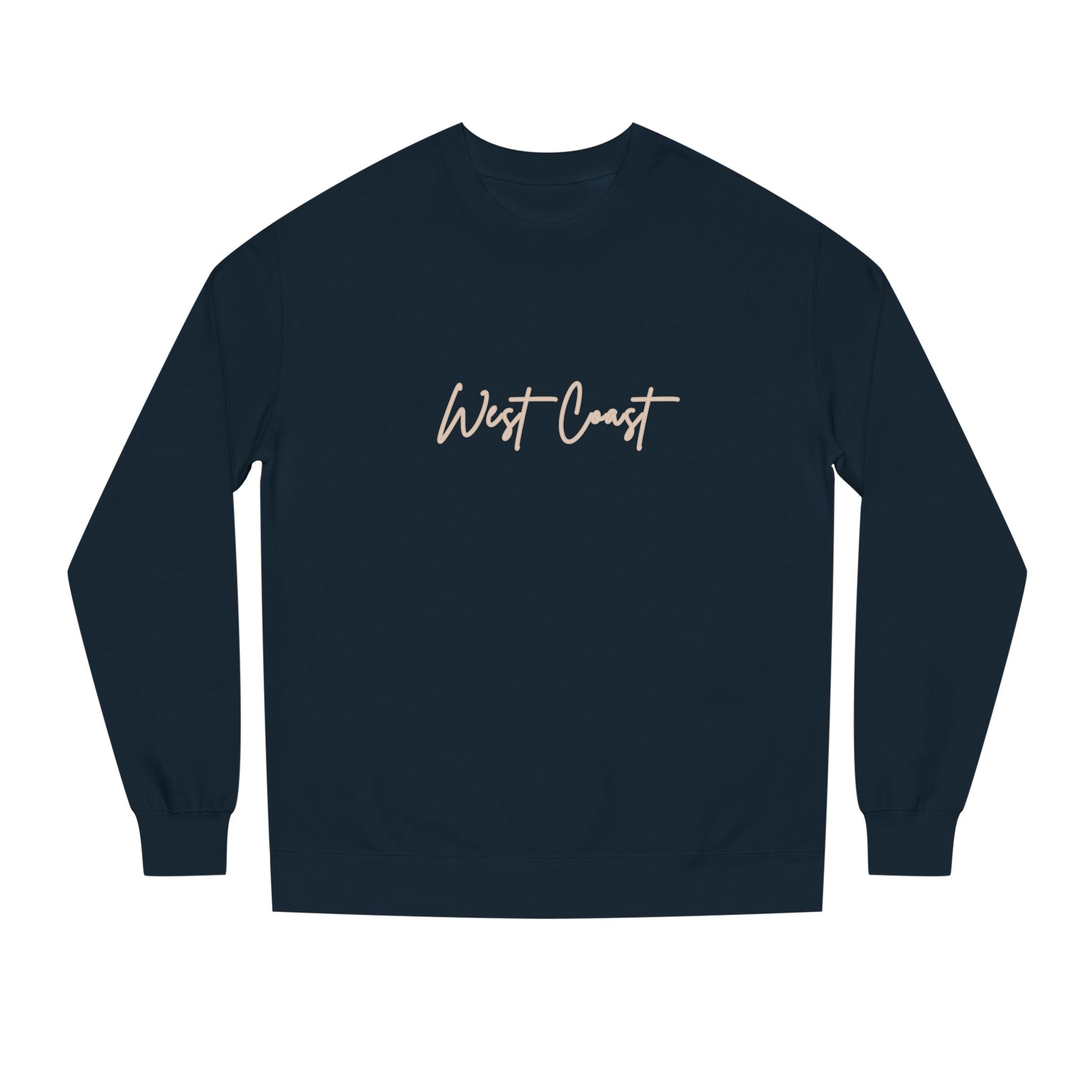 Navy blue long-sleeve shirt with 'West Coast' text on a white background