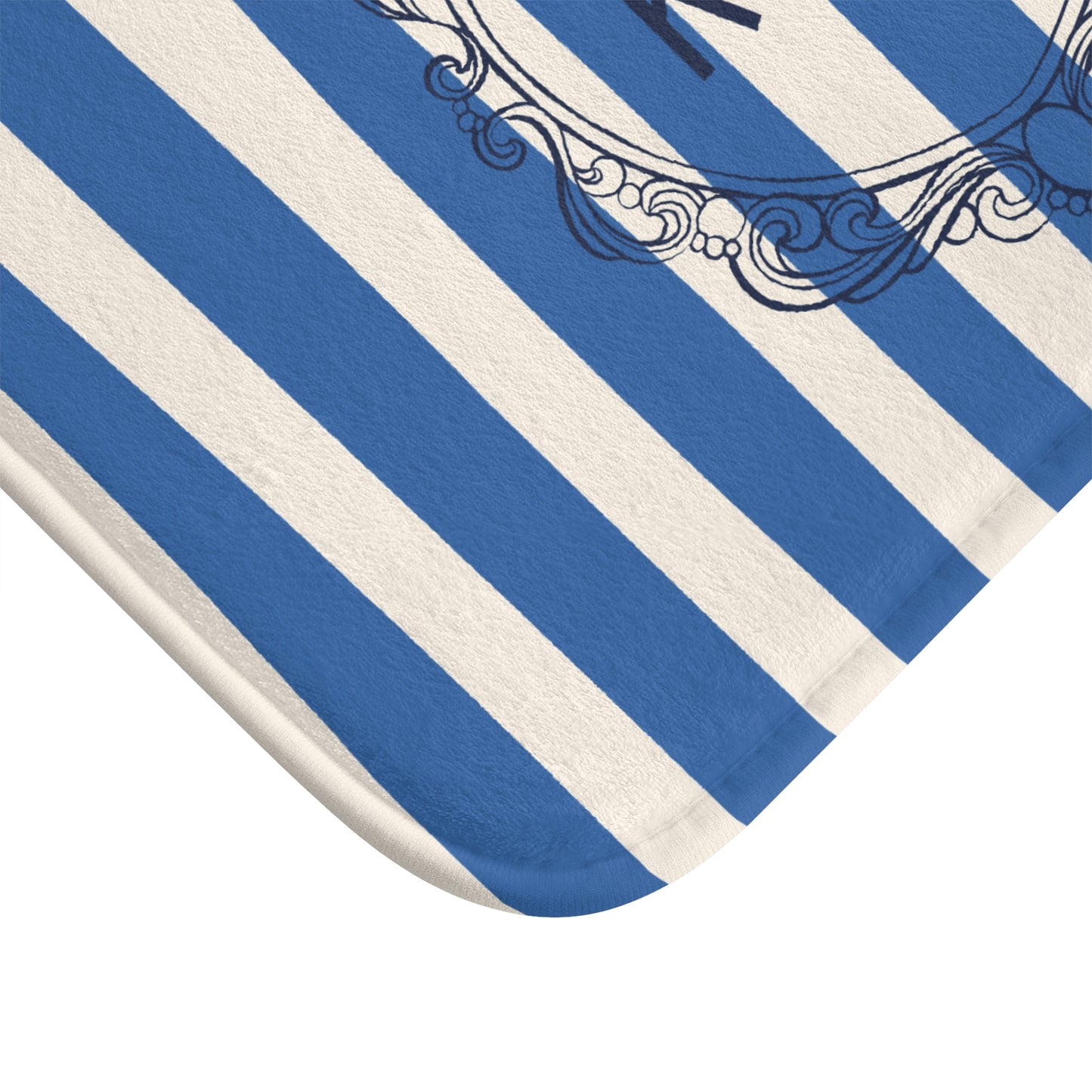 Cute Powder Room Bath Mat —  Blue Striped Decorative Bathroom Rug