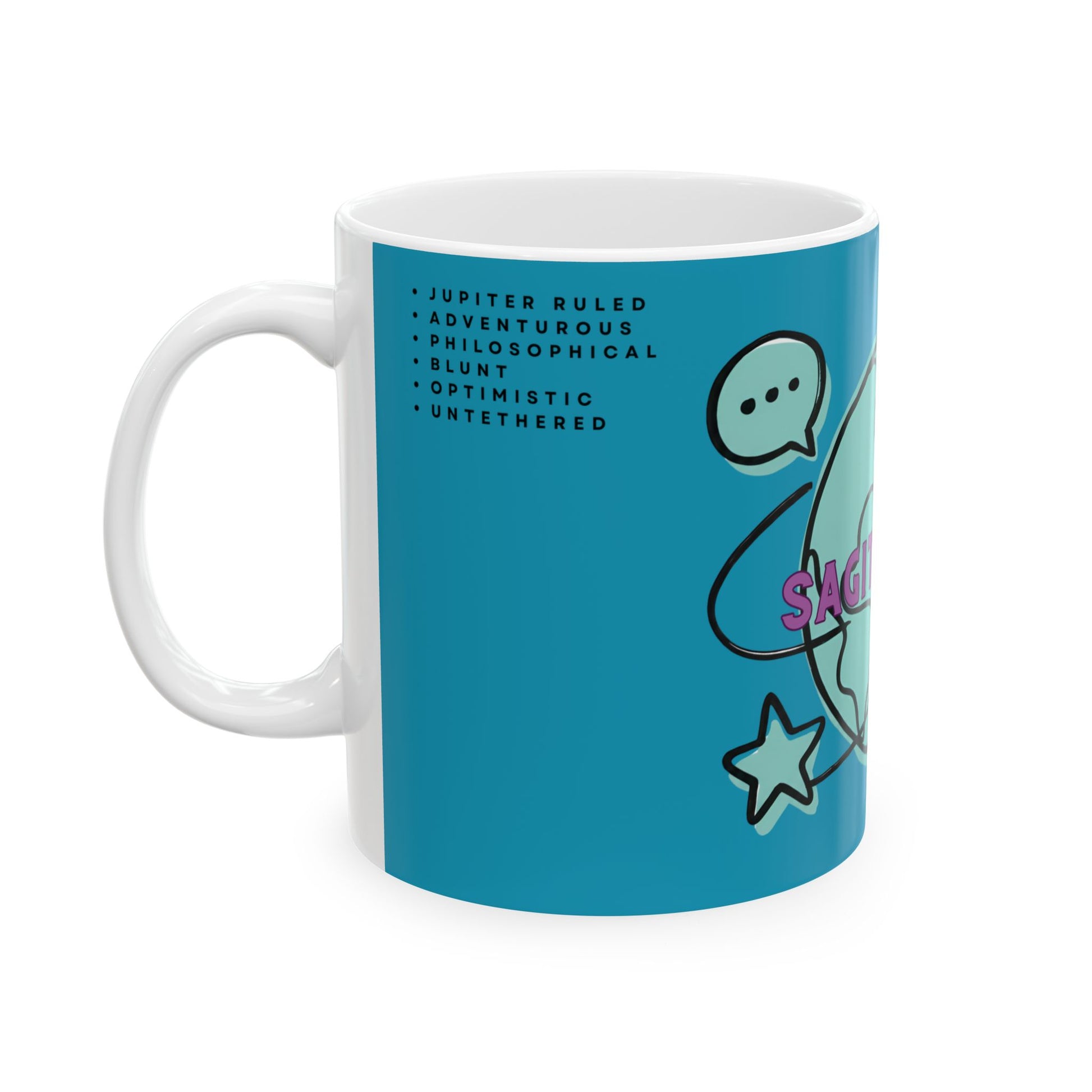 Blue mug with astrological design and text on a white background