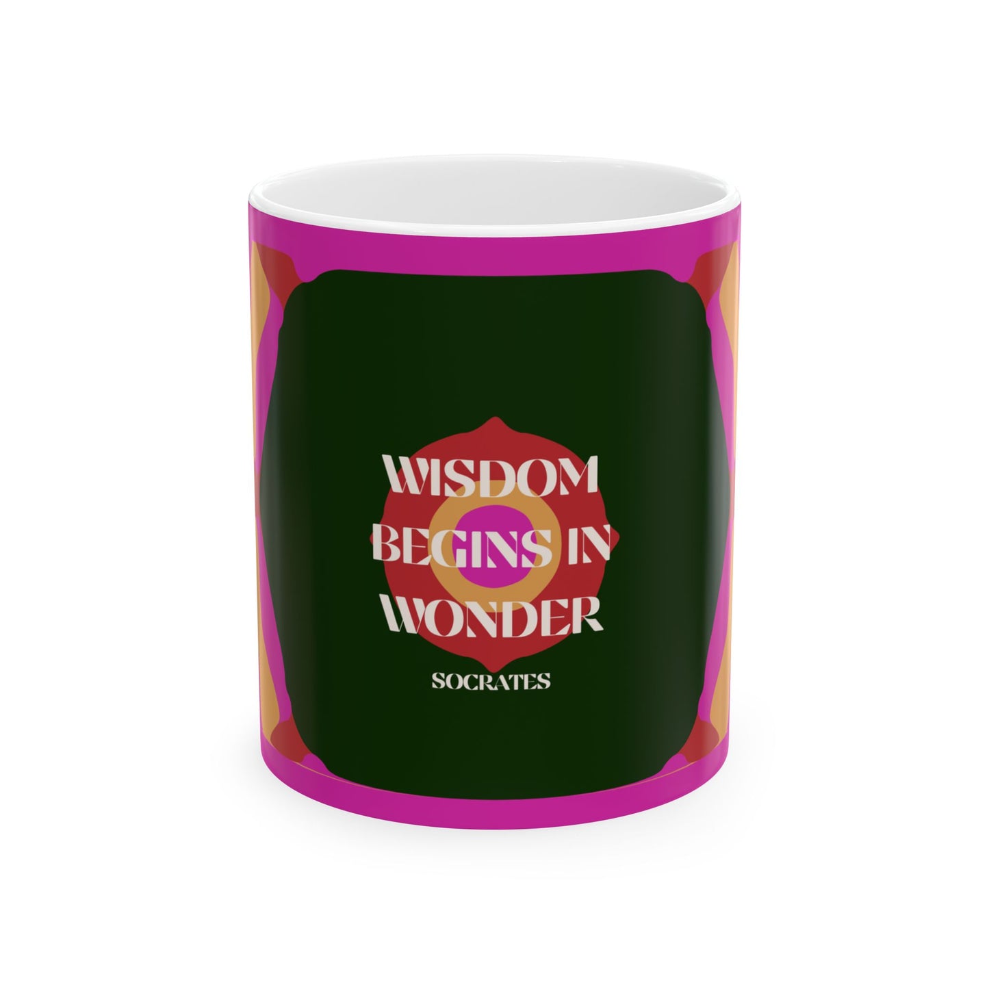 Mug with 'Wisdom Begins in Wonder' quote by Socrates on a green background