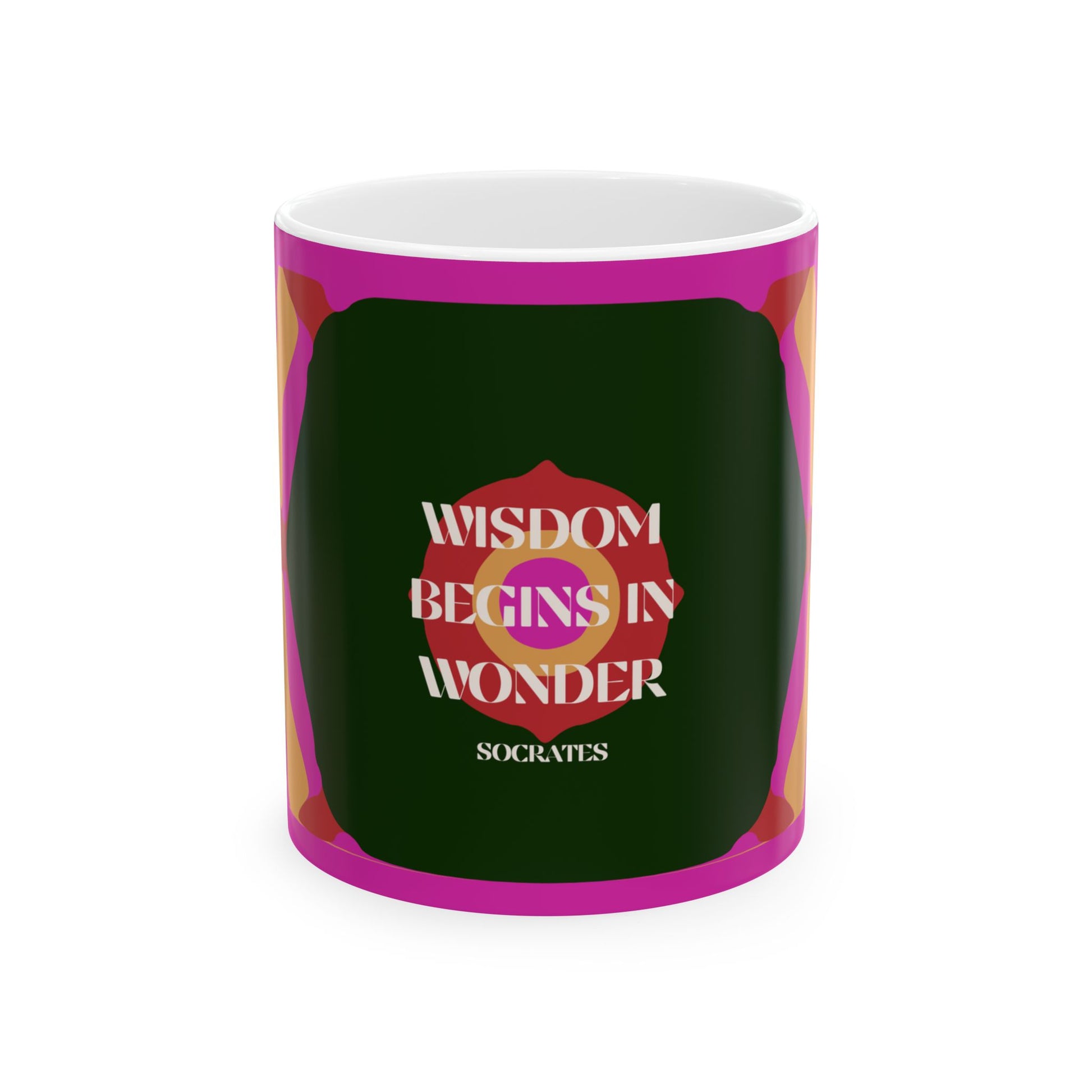 Mug with 'Wisdom Begins in Wonder' quote by Socrates on a green background