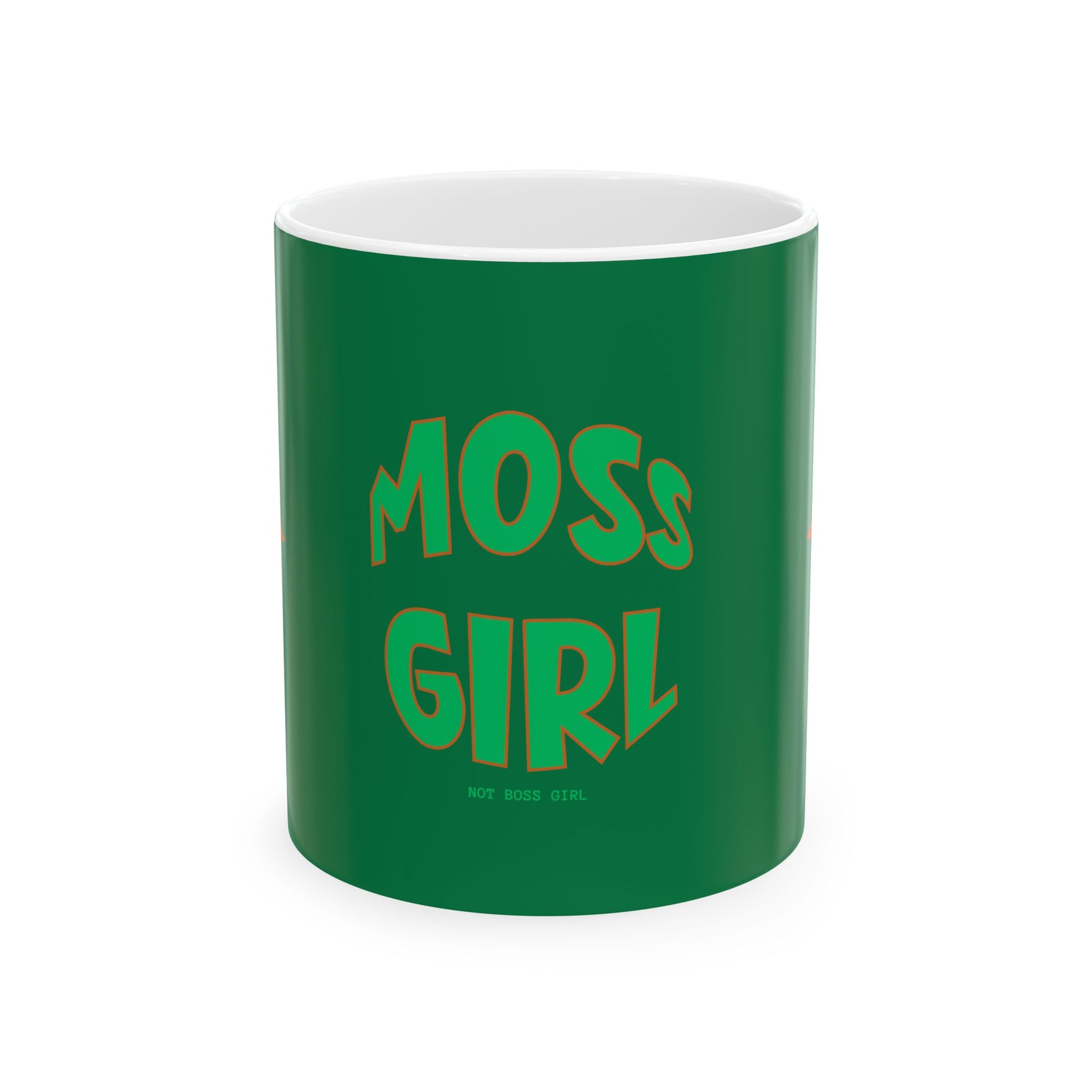 Green mug with 'MOSS GIRL' text on a white background