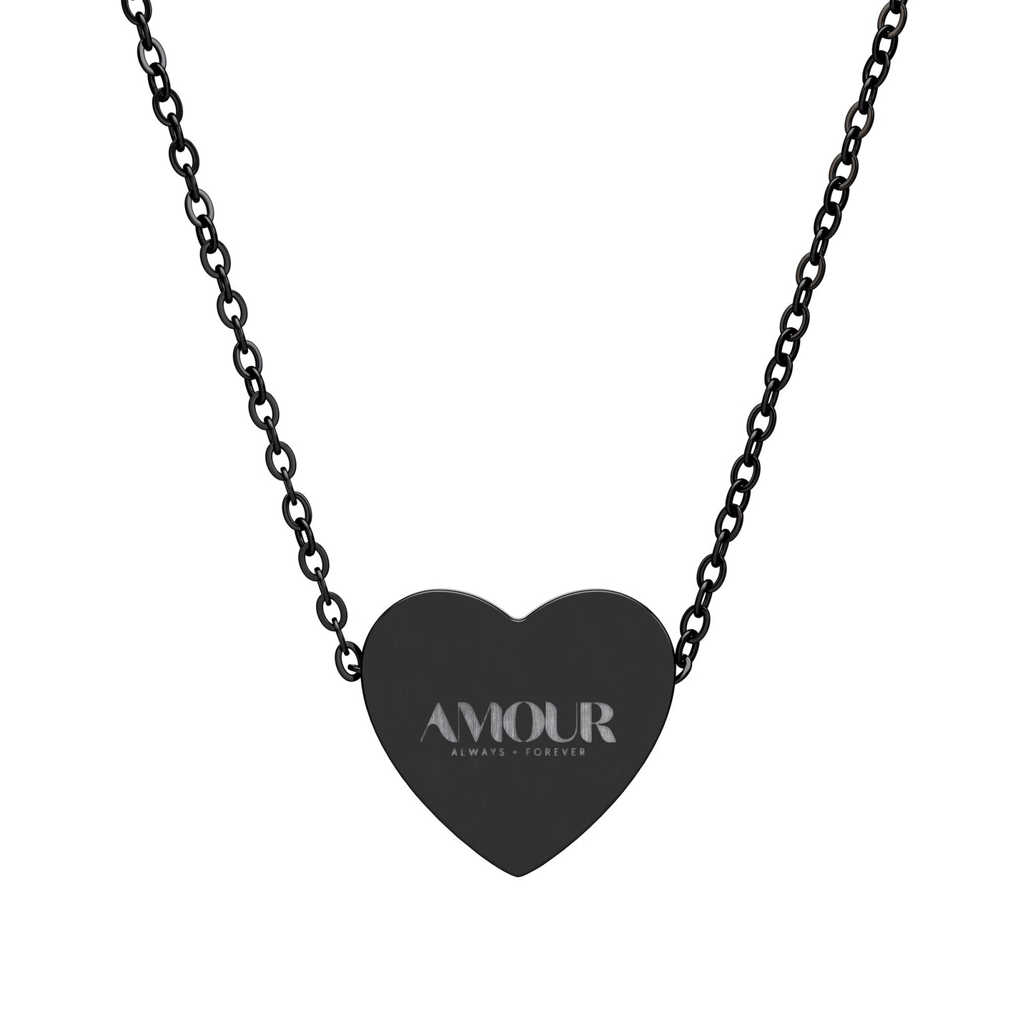 Black heart-shaped pendant necklace with 'AMOUR' engraving on a white background