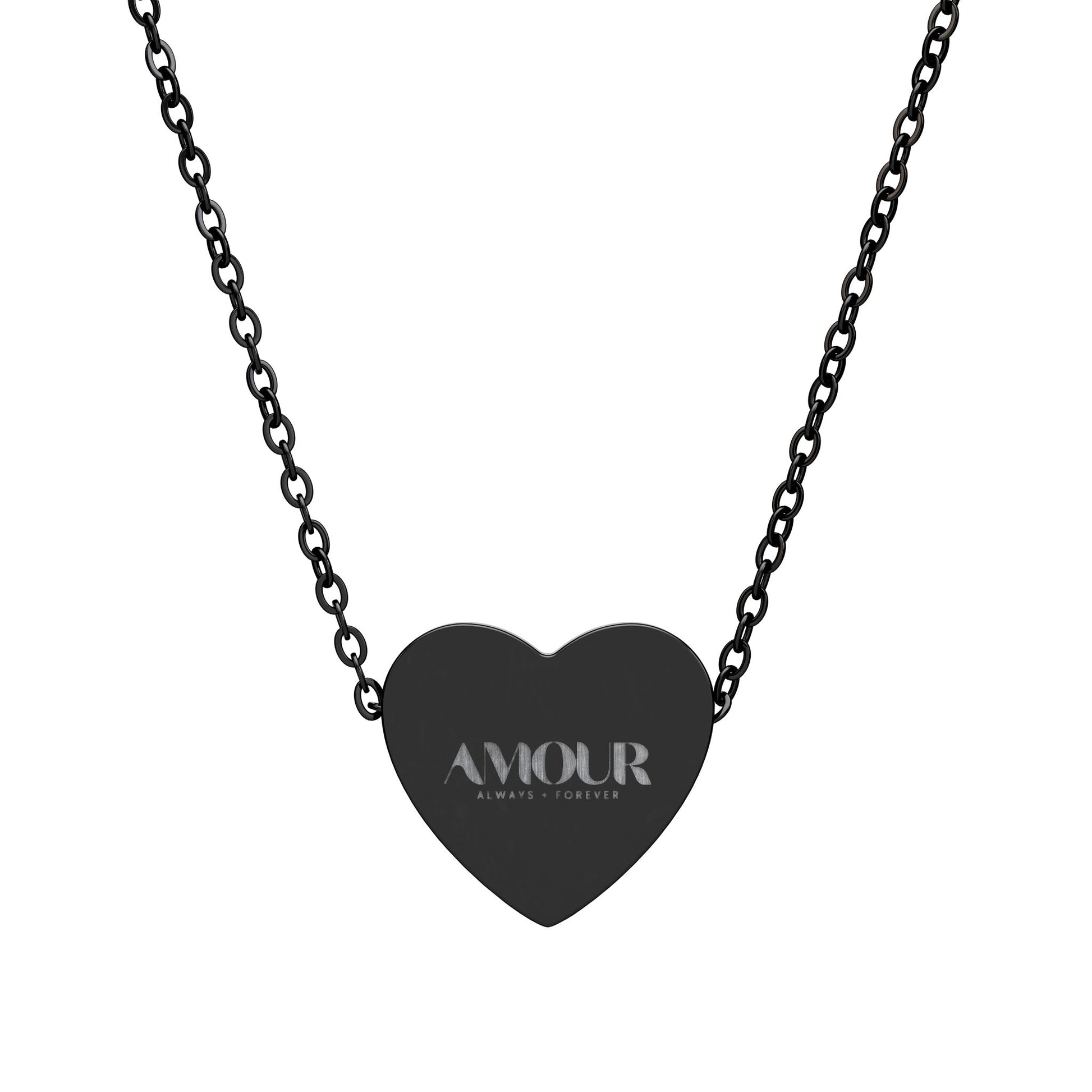 Black heart-shaped pendant necklace with 'AMOUR' engraving on a white background