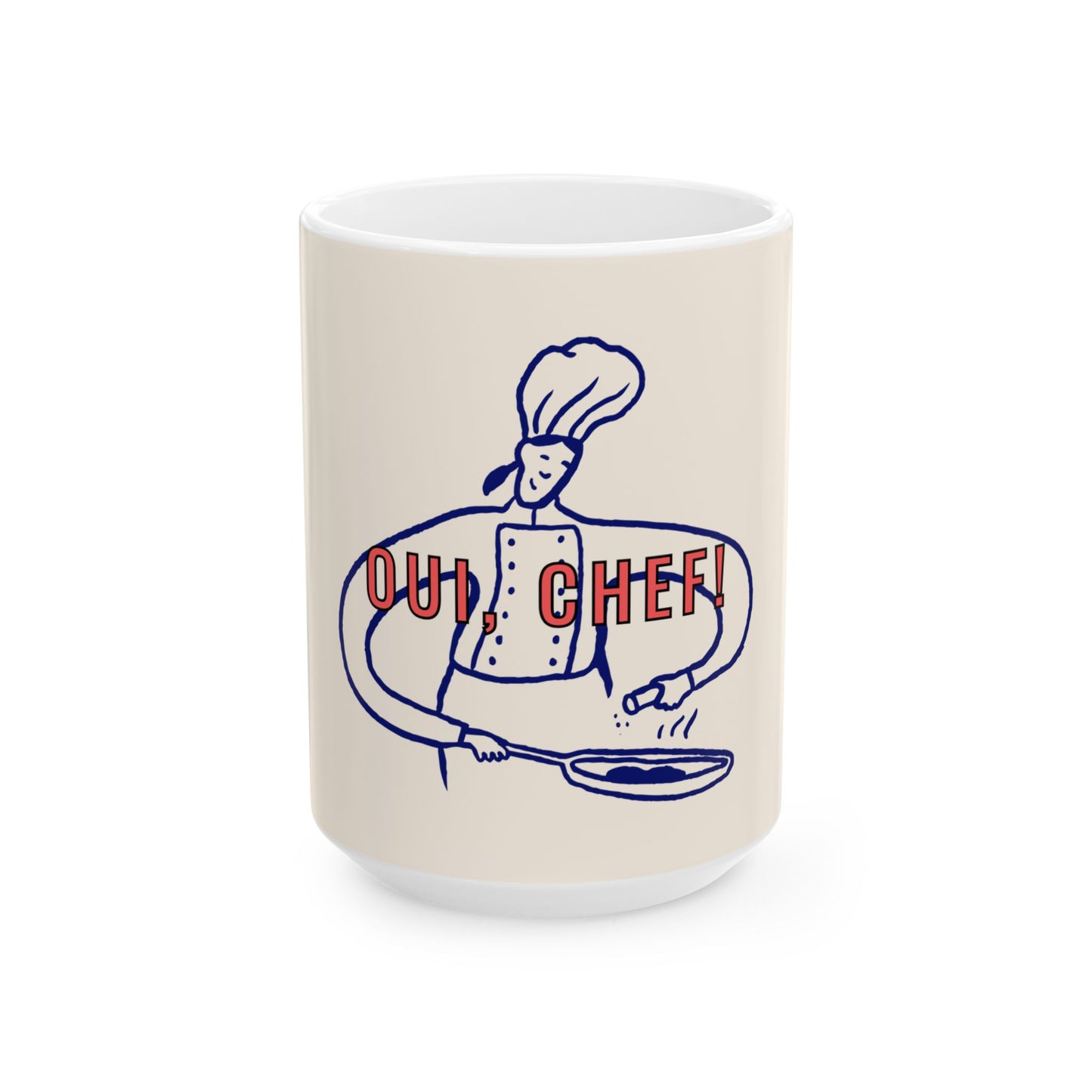 Mug with a graphic of a chef and 'Out, Chef!' text on a white background