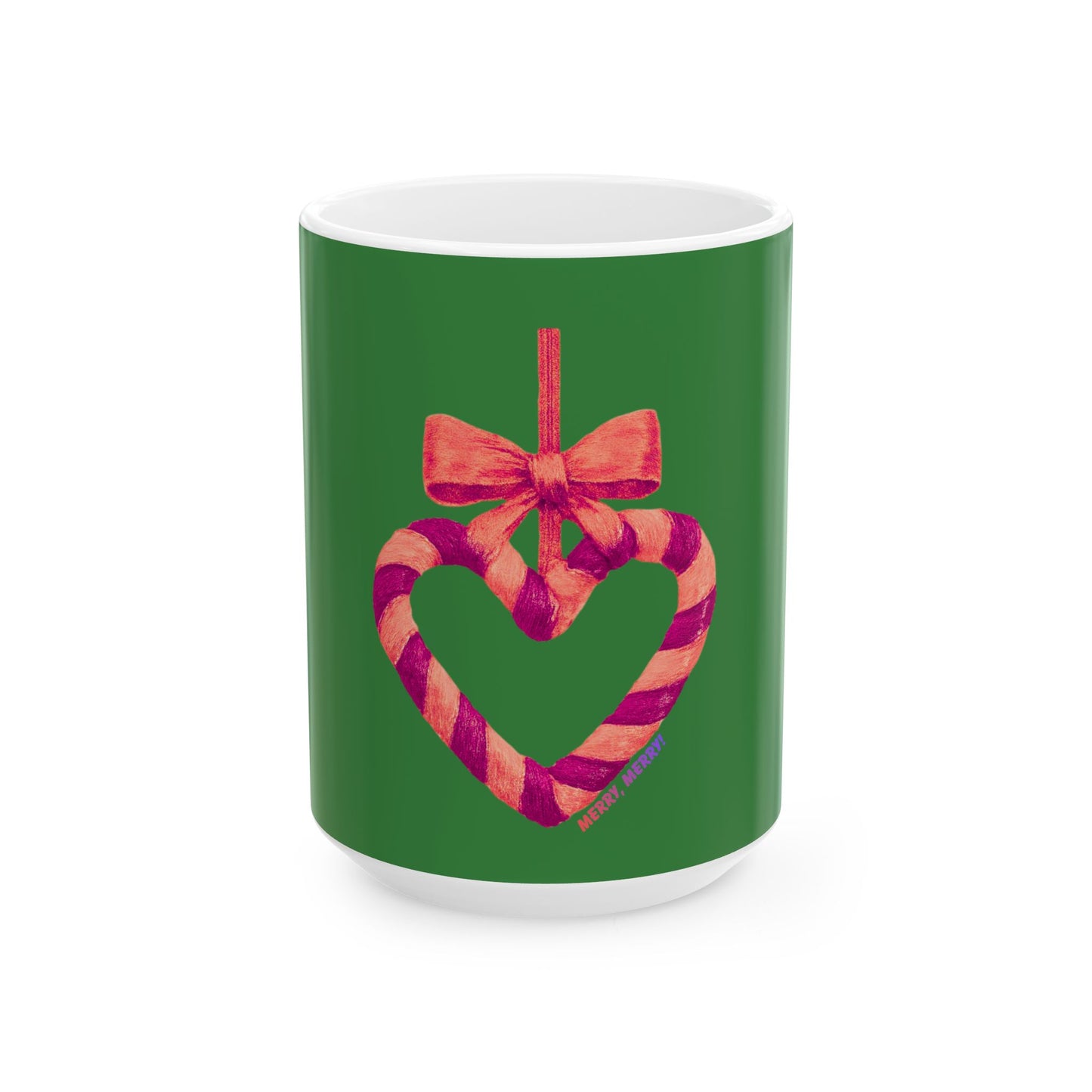 Green mug with a heart-shaped candy cane and bow design on a white background