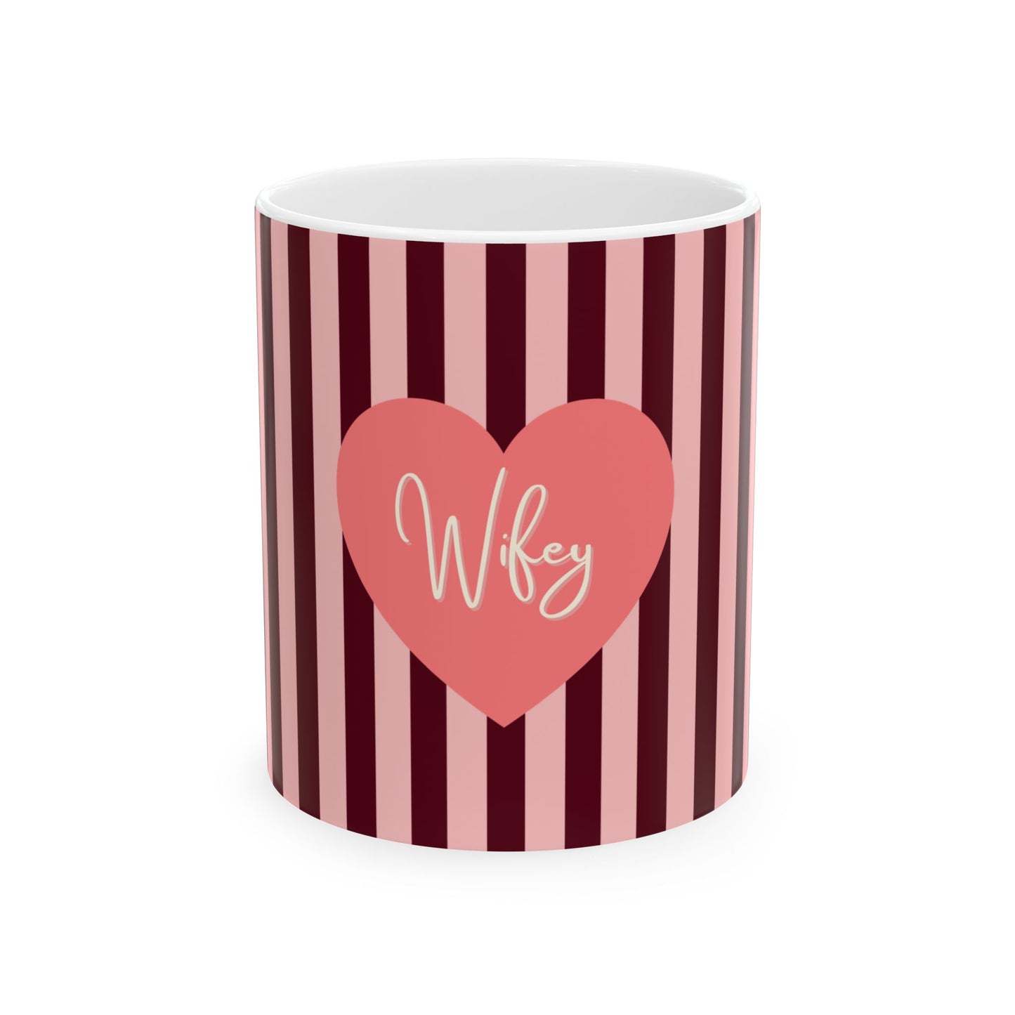 A white ceramic mug with vertical dark red and light pink stripes, featuring a pink heart graphic on the front with the word 'Wife' written in white script.