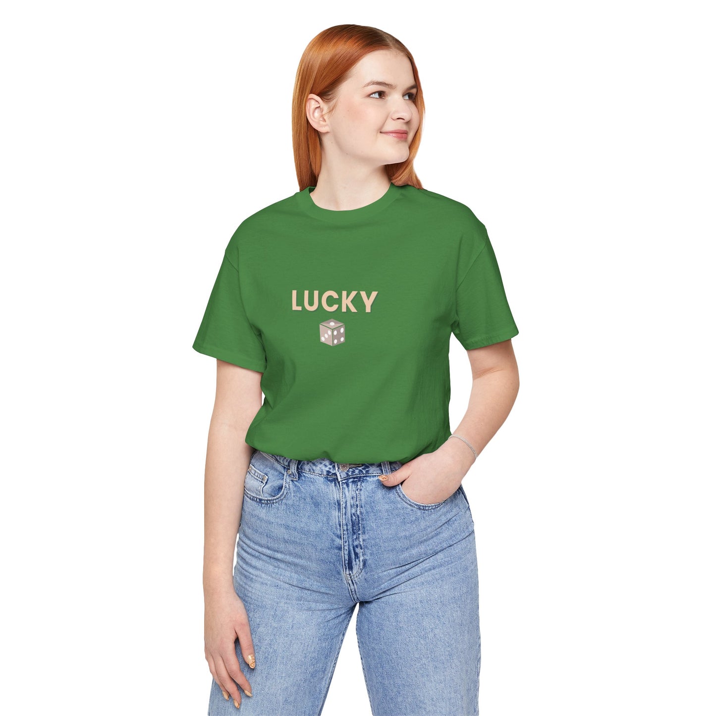 Person wearing a green t-shirt with 'LUCKY' printed on it against a white background