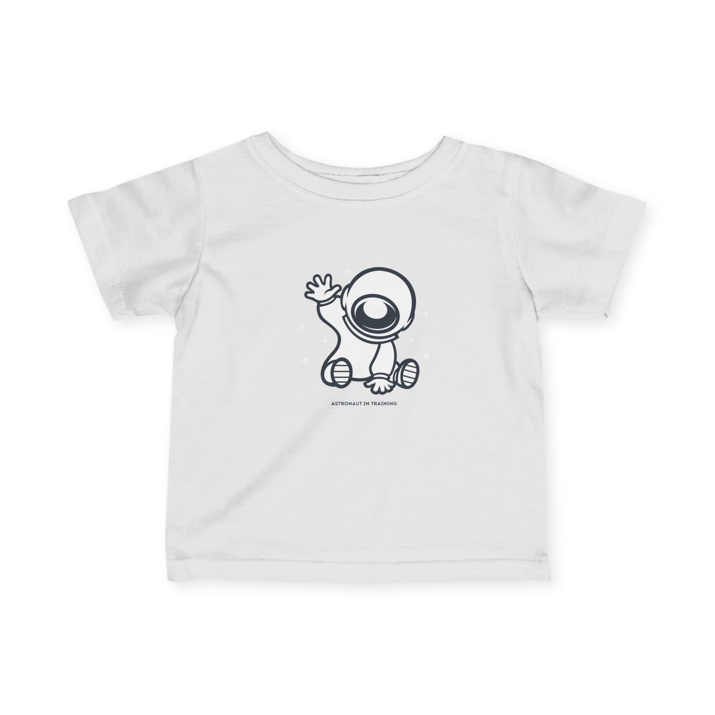 White baby t-shirt with a black cartoon character on a white background