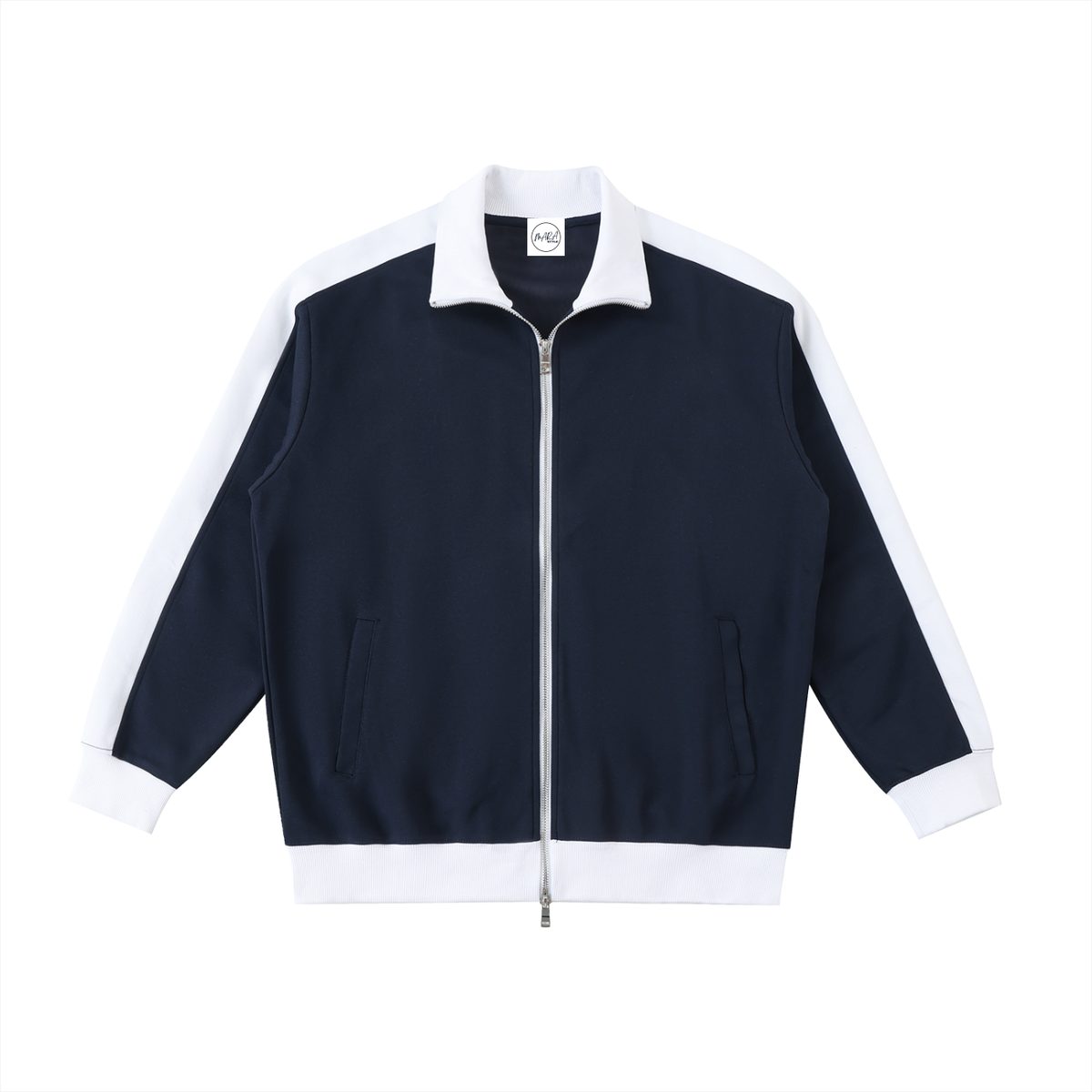 Navy tracksuit jacket with white accents on a white background