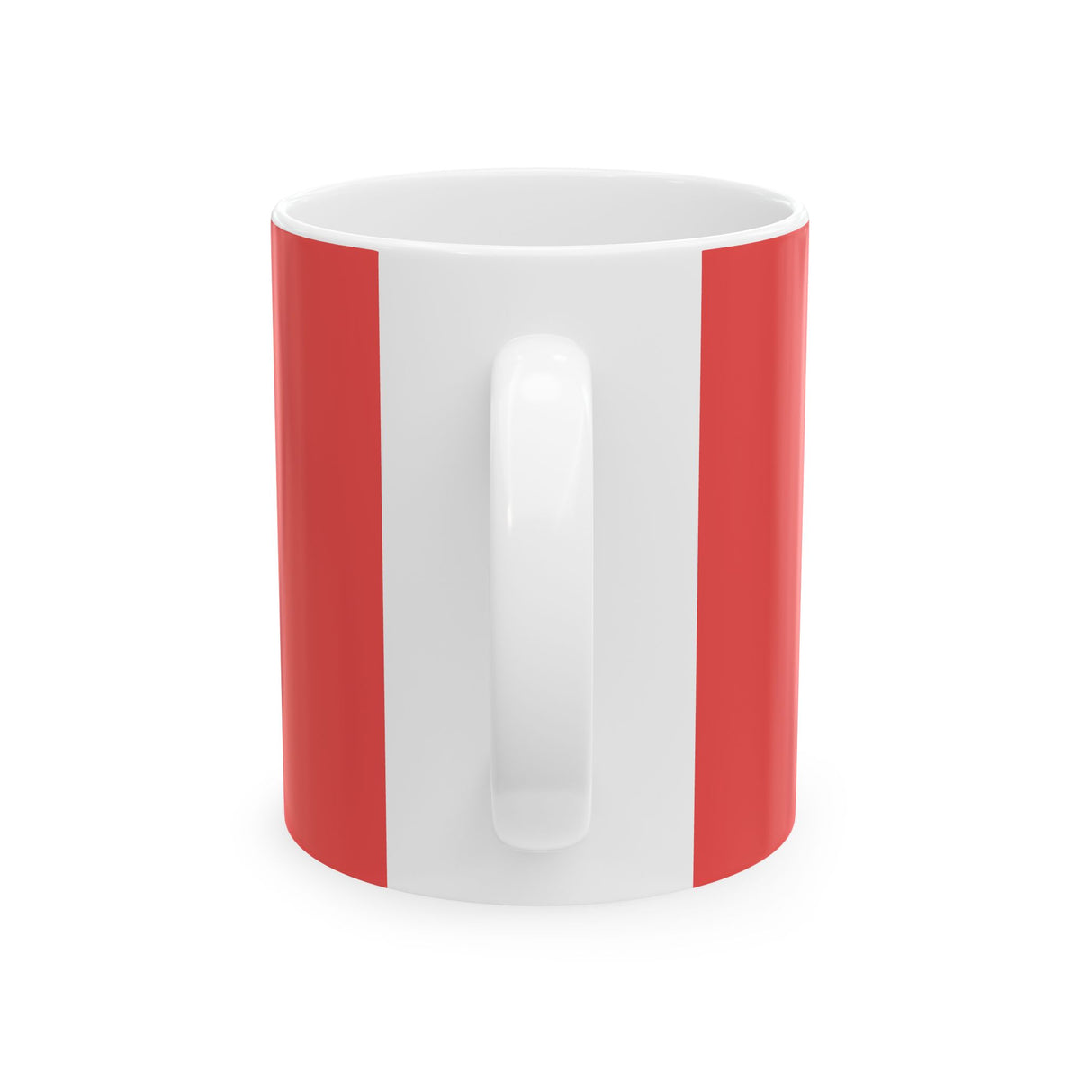 A white ceramic mug with two vertical red stripes on the outside, shown from a three-quarters perspective on a clean white background.