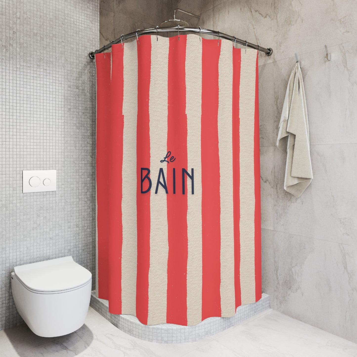Striped red and beige shower curtain with 'Le Bain' text in a bathroom setting.