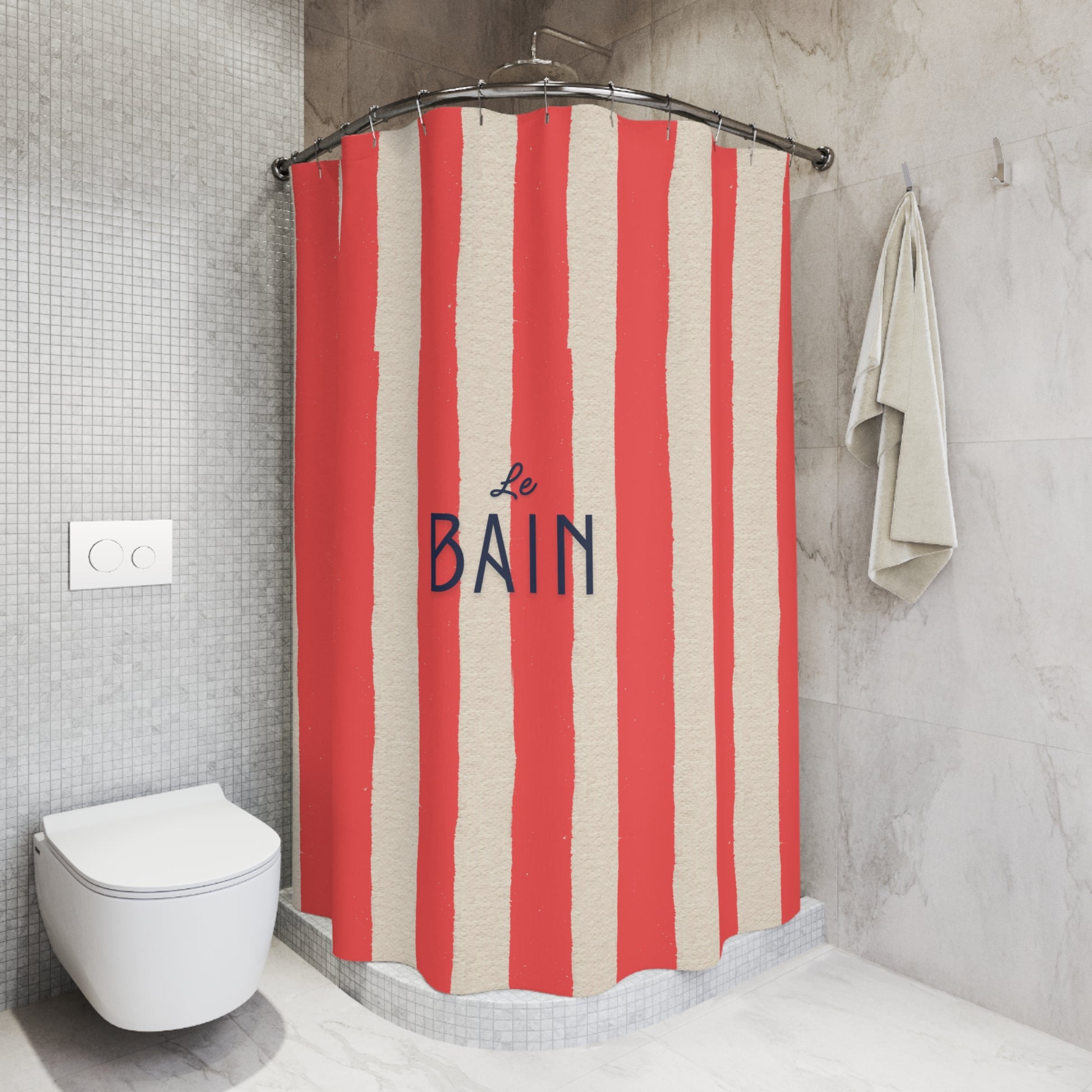 Striped red and beige shower curtain with 'Le Bain' text in a bathroom setting.