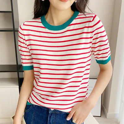 Retro Striped Cotton T-shirt | Preppy Shirt